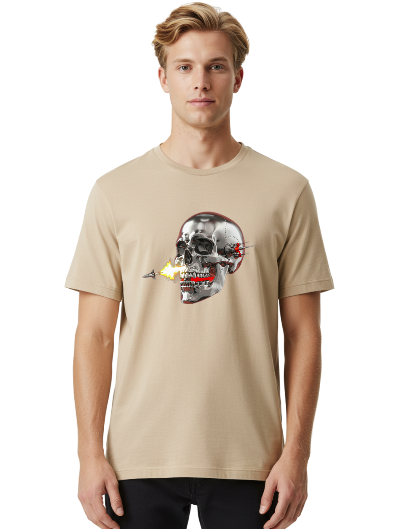 Metal-Skull Men'S Graphic Tee, 100% Cotton, Comfortable Casual Summer Wear, Machine Washable, Metal Skull, Robotic Skull, Futuristic Design, Cybernetic Enhancements, Metallic Finish, Sharp Teeth, Red Accents, Sci-Fi Element, Metal Implants, Bad317 17
