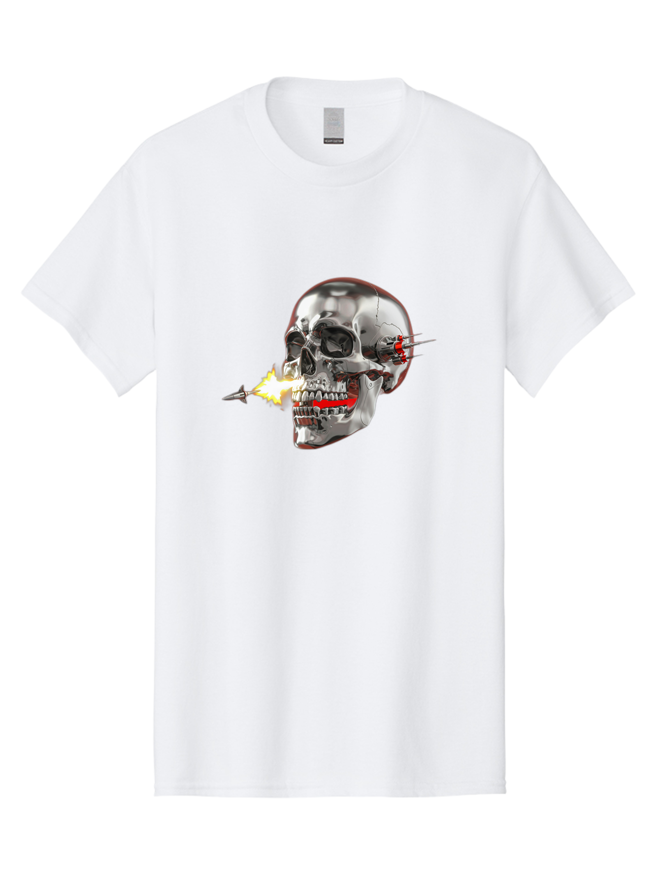 Metal-Skull Men'S Graphic Tee, 100% Cotton, Comfortable Casual Summer Wear, Machine Washable, Metal Skull, Robotic Skull, Futuristic Design, Cybernetic Enhancements, Metallic Finish, Sharp Teeth, Red Accents, Sci-Fi Element, Metal Implants, Bad317 5
