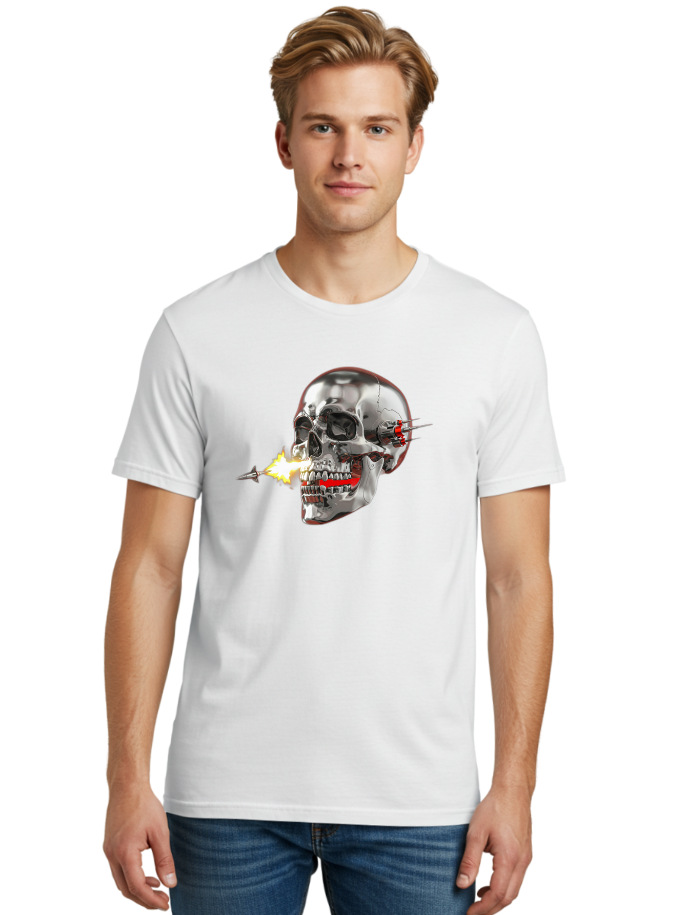 Metal-Skull Men'S Graphic Tee, 100% Cotton, Comfortable Casual Summer Wear, Machine Washable, Metal Skull, Robotic Skull, Futuristic Design, Cybernetic Enhancements, Metallic Finish, Sharp Teeth, Red Accents, Sci-Fi Element, Metal Implants, Bad317 20