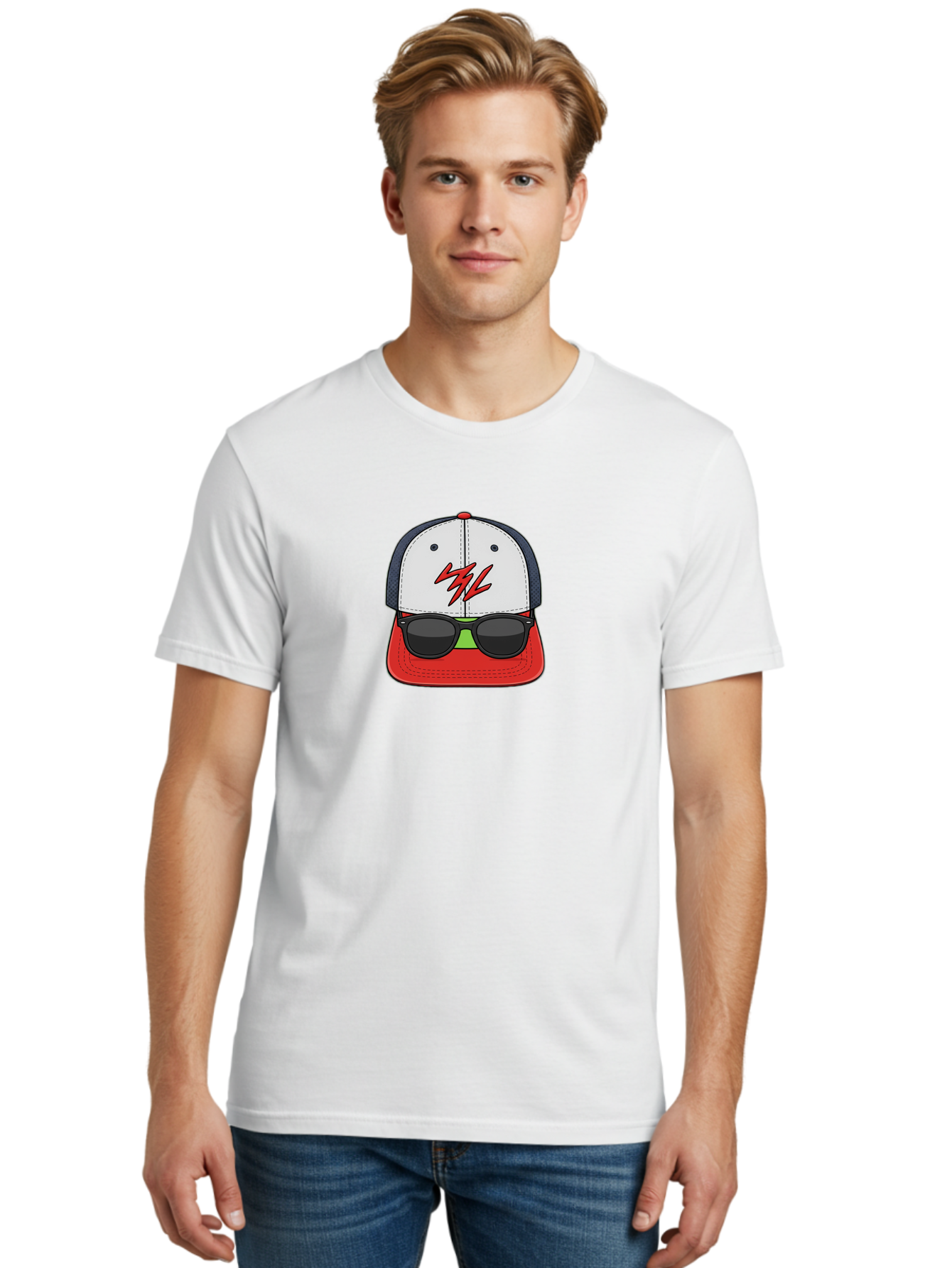 Mlb-Cap-Sunglasses Men'S Graphic Tee, 100% Cotton, Comfortable Casual Summer Wear, Machine Washable, Baseball Cap, Sunglasses, Red And White, Mlb Logo, Stylized Graphic, Sports Apparel, Fashion Accessory, Trendy Illustration, Logo Design, Bad329 17