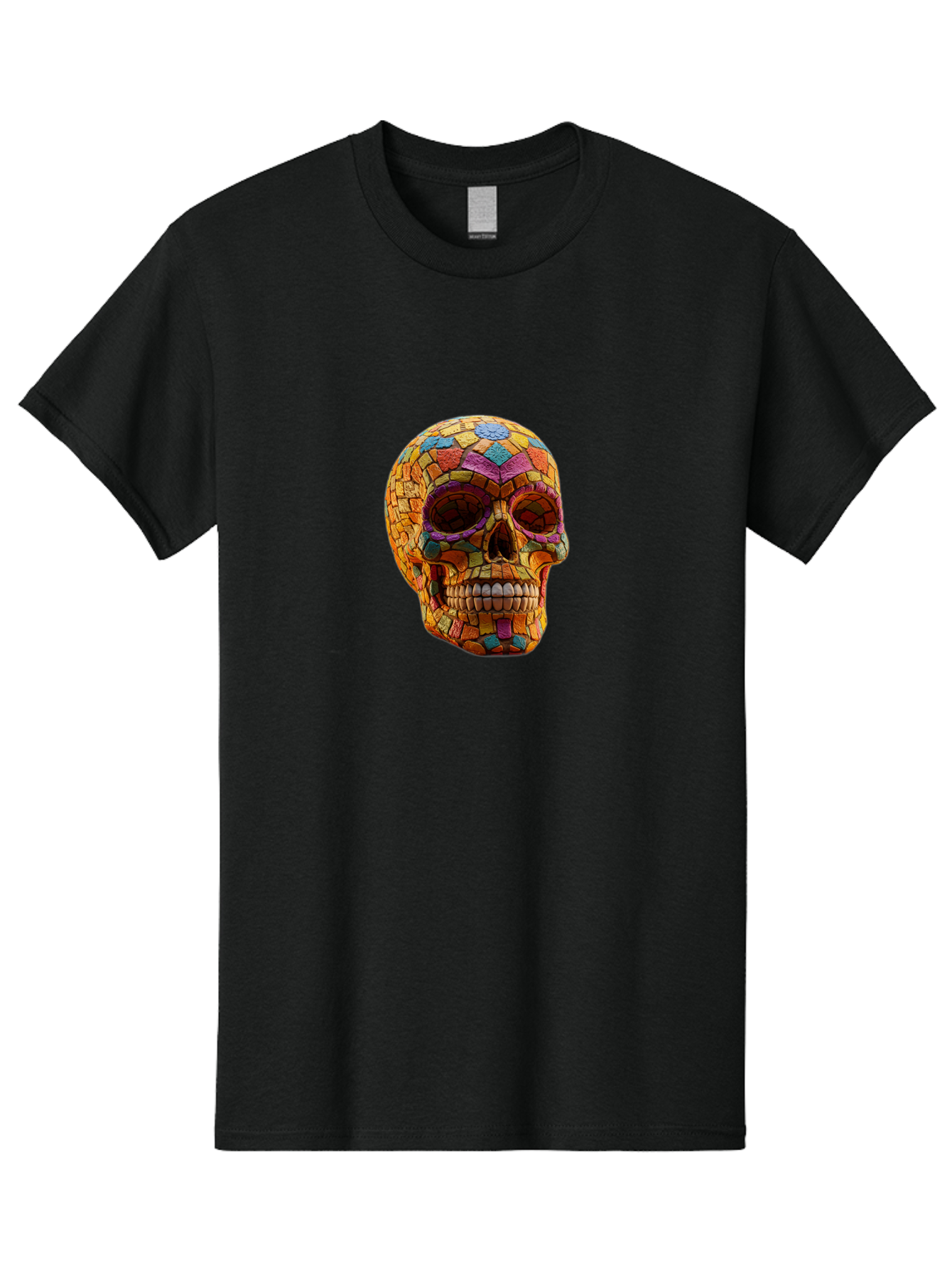 Mosaic-Sugar-Skull Men'S Graphic Tee, 100% Cotton, Comfortable Casual Summer Wear, Machine Washable, Sugar Skull, Mosaic Art, Colorful Tiles, Vibrant Colors, Festive Decoration, Day Of The Dead, Cultural Heritage, Folk Art, Skull Decoration Bad339 15