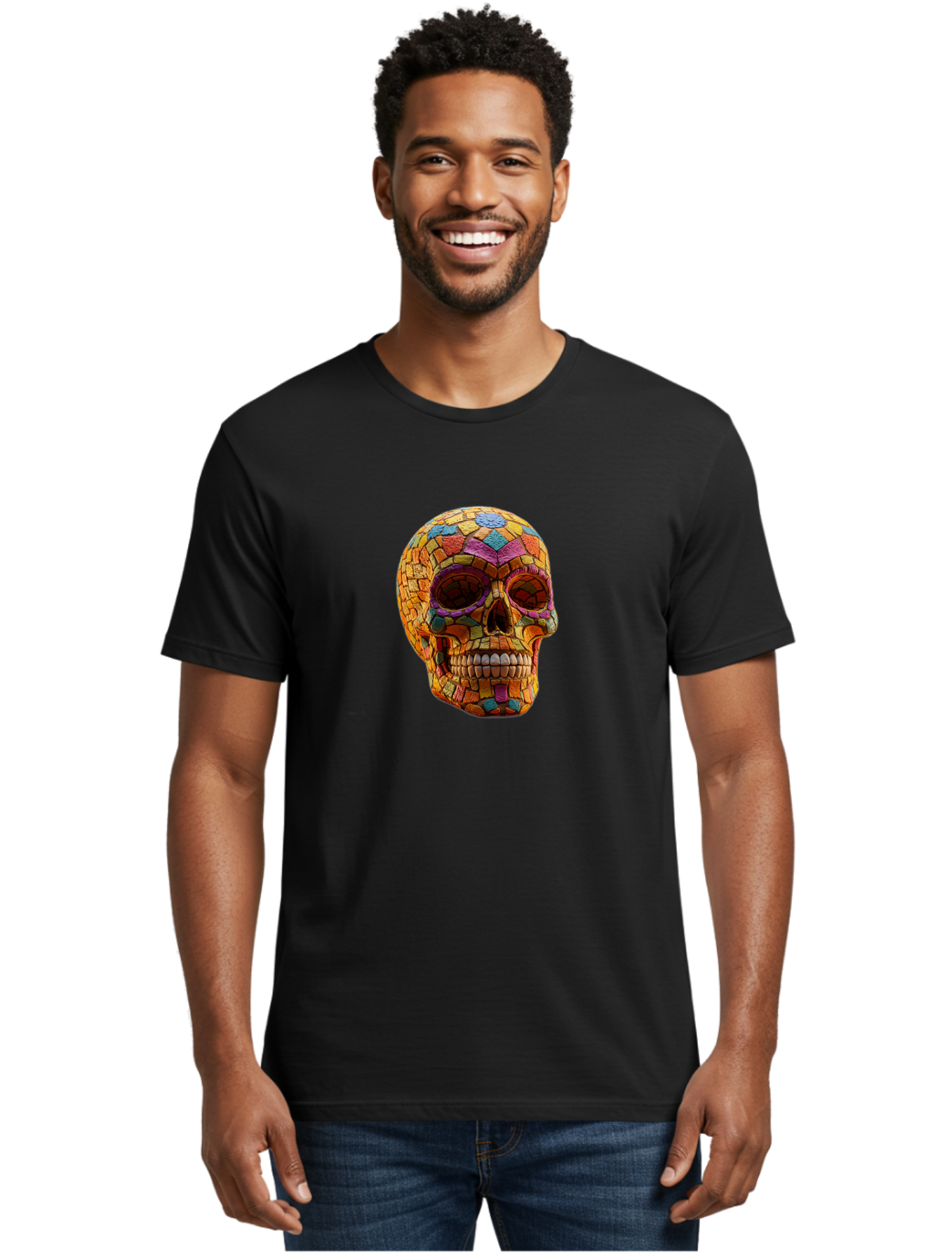 Mosaic-Sugar-Skull Men'S Graphic Tee, 100% Cotton, Comfortable Casual Summer Wear, Machine Washable, Sugar Skull, Mosaic Art, Colorful Tiles, Vibrant Colors, Festive Decoration, Day Of The Dead, Cultural Heritage, Folk Art, Skull Decoration Bad339 30