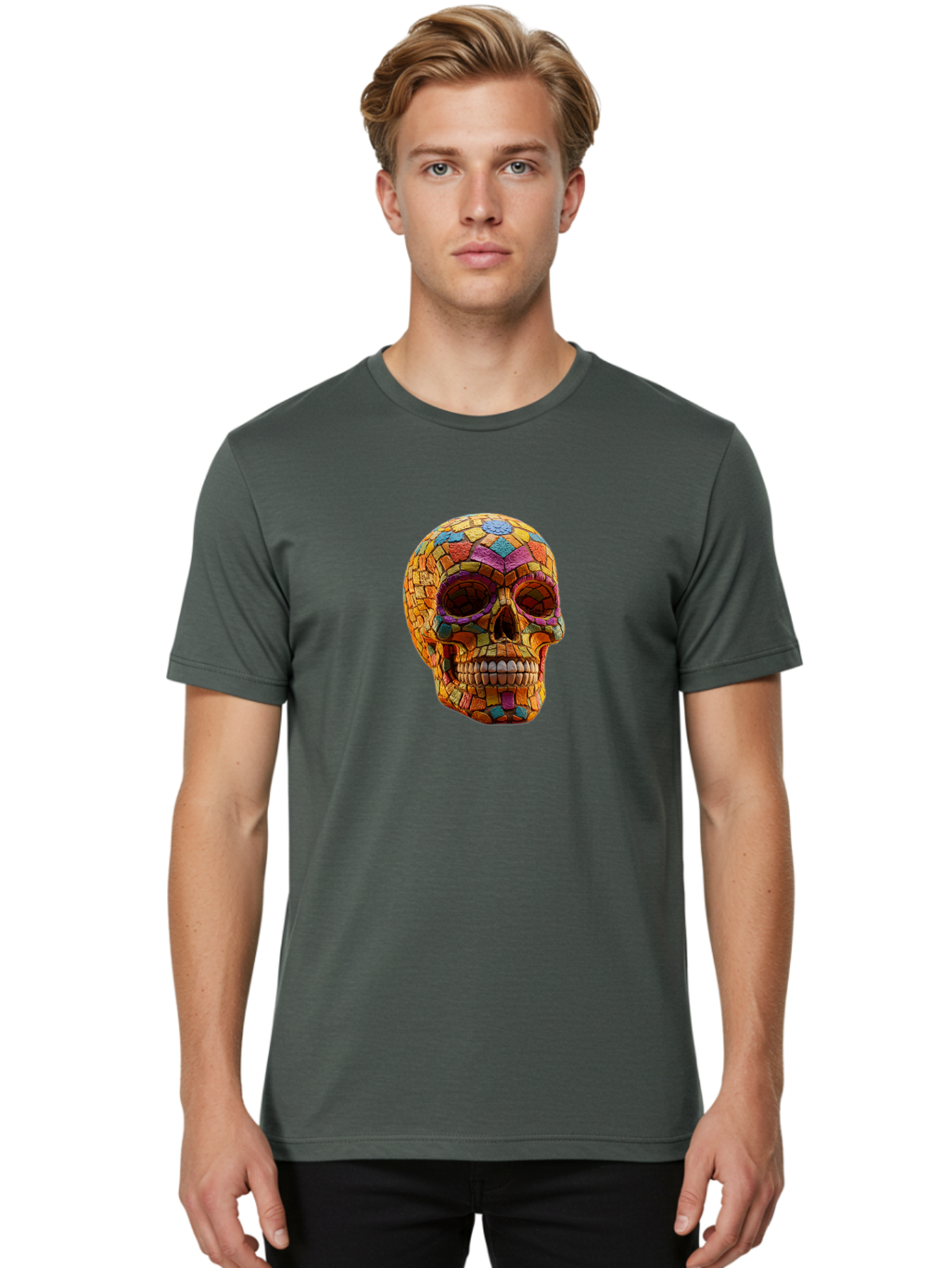 Mosaic-Sugar-Skull Men'S Graphic Tee, 100% Cotton, Comfortable Casual Summer Wear, Machine Washable, Sugar Skull, Mosaic Art, Colorful Tiles, Vibrant Colors, Festive Decoration, Day Of The Dead, Cultural Heritage, Folk Art, Skull Decoration Bad339 20