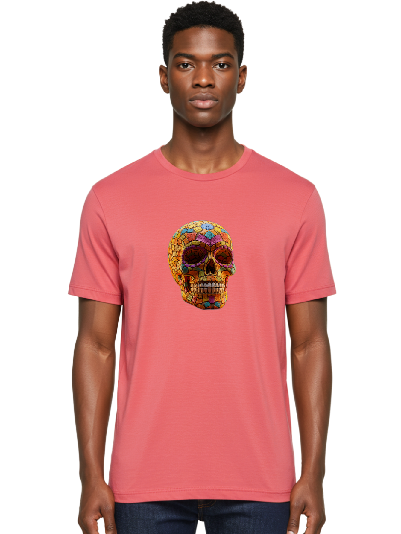 Mosaic-Sugar-Skull Men'S Graphic Tee, 100% Cotton, Comfortable Casual Summer Wear, Machine Washable, Sugar Skull, Mosaic Art, Colorful Tiles, Vibrant Colors, Festive Decoration, Day Of The Dead, Cultural Heritage, Folk Art, Skull Decoration Bad339 19