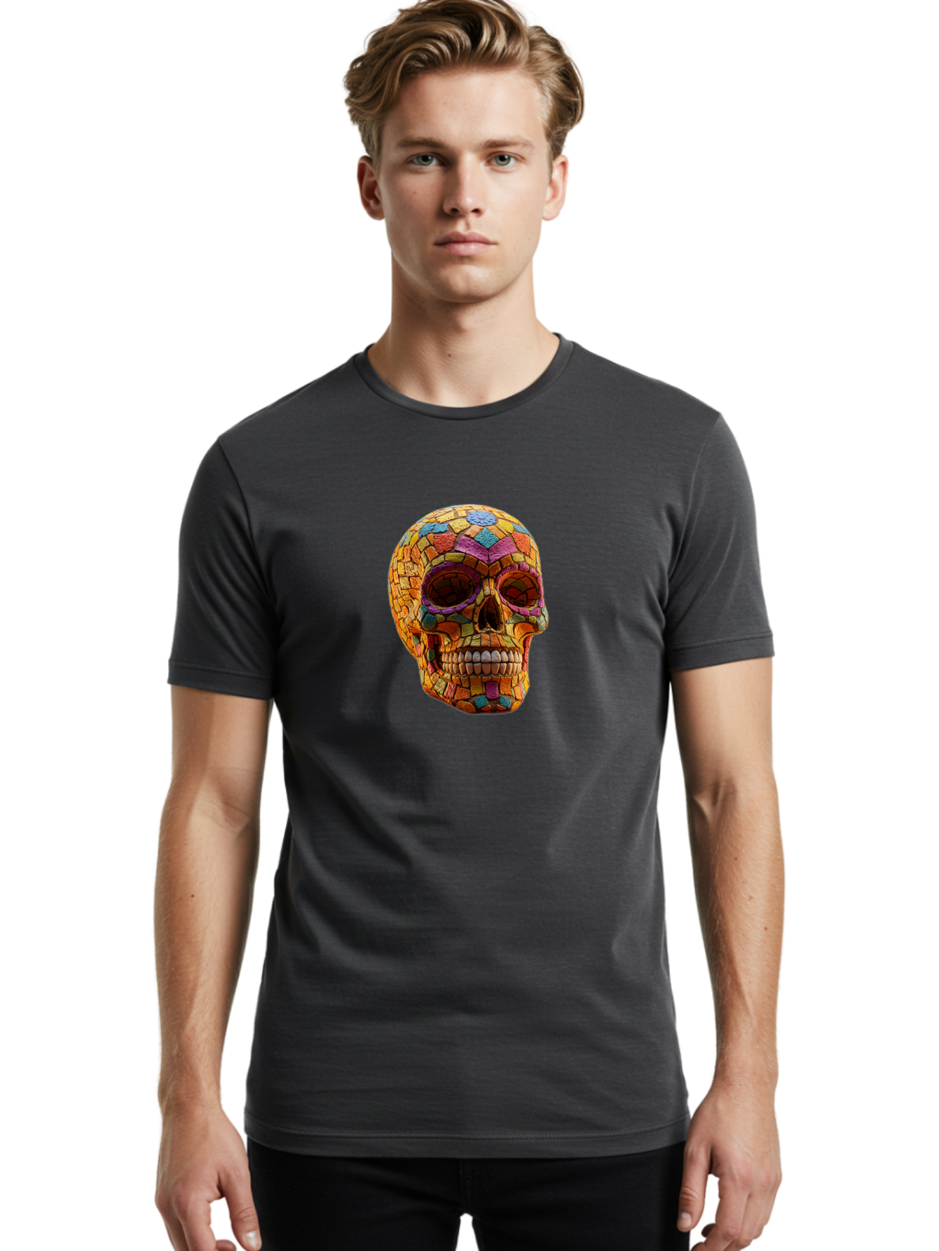 Mosaic-Sugar-Skull Men'S Graphic Tee, 100% Cotton, Comfortable Casual Summer Wear, Machine Washable, Sugar Skull, Mosaic Art, Colorful Tiles, Vibrant Colors, Festive Decoration, Day Of The Dead, Cultural Heritage, Folk Art, Skull Decoration Bad339 16