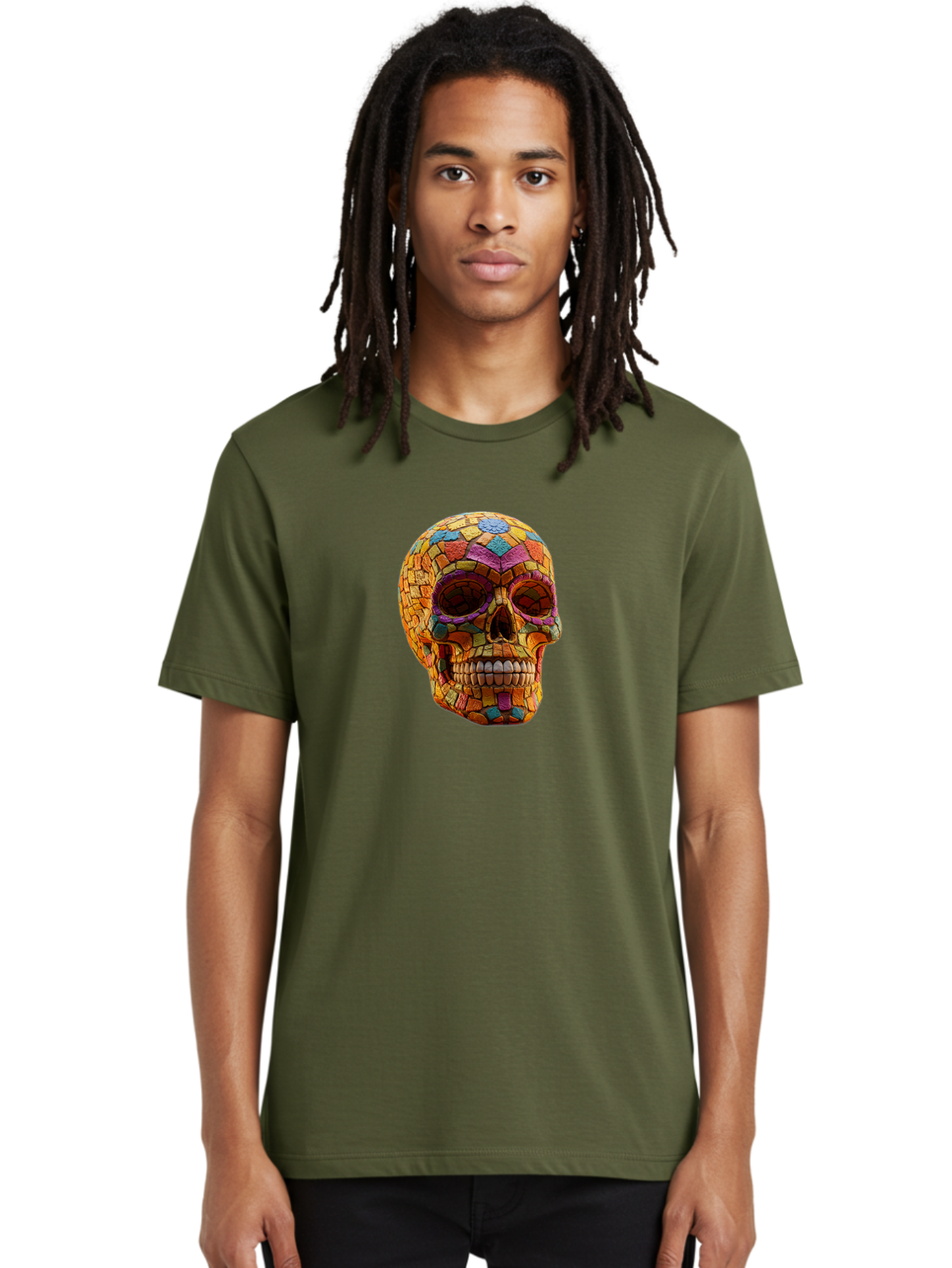 Mosaic-Sugar-Skull Men'S Graphic Tee, 100% Cotton, Comfortable Casual Summer Wear, Machine Washable, Sugar Skull, Mosaic Art, Colorful Tiles, Vibrant Colors, Festive Decoration, Day Of The Dead, Cultural Heritage, Folk Art, Skull Decoration Bad339 21
