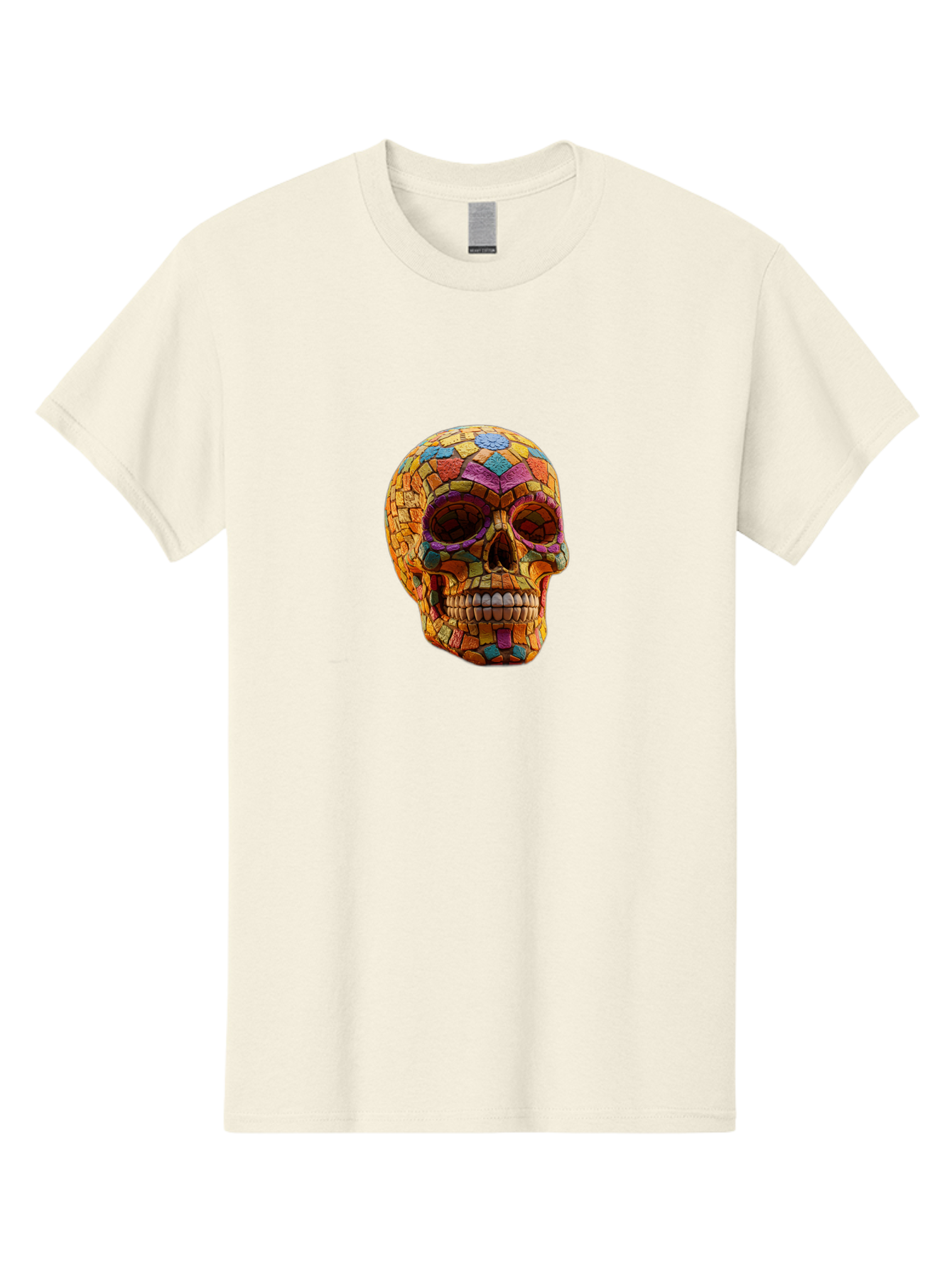 Mosaic-Sugar-Skull Men'S Graphic Tee, 100% Cotton, Comfortable Casual Summer Wear, Machine Washable, Sugar Skull, Mosaic Art, Colorful Tiles, Vibrant Colors, Festive Decoration, Day Of The Dead, Cultural Heritage, Folk Art, Skull Decoration Bad339 3