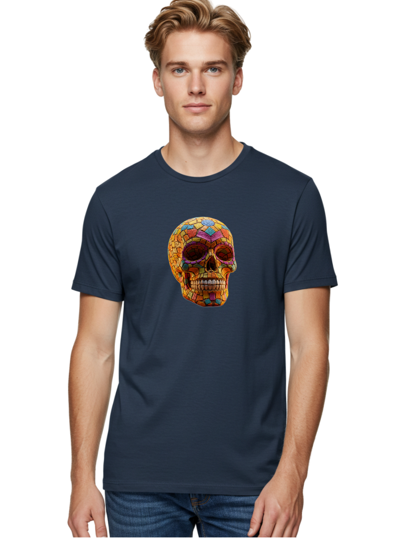 Mosaic-Sugar-Skull Men'S Graphic Tee, 100% Cotton, Comfortable Casual Summer Wear, Machine Washable, Sugar Skull, Mosaic Art, Colorful Tiles, Vibrant Colors, Festive Decoration, Day Of The Dead, Cultural Heritage, Folk Art, Skull Decoration Bad339 24