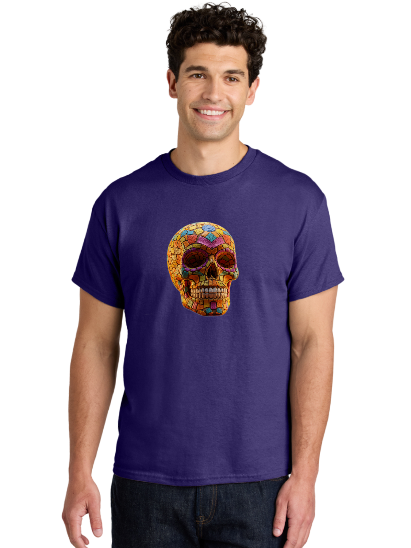 Mosaic-Sugar-Skull Men'S Graphic Tee, 100% Cotton, Comfortable Casual Summer Wear, Machine Washable, Sugar Skull, Mosaic Art, Colorful Tiles, Vibrant Colors, Festive Decoration, Day Of The Dead, Cultural Heritage, Folk Art, Skull Decoration Bad339 22