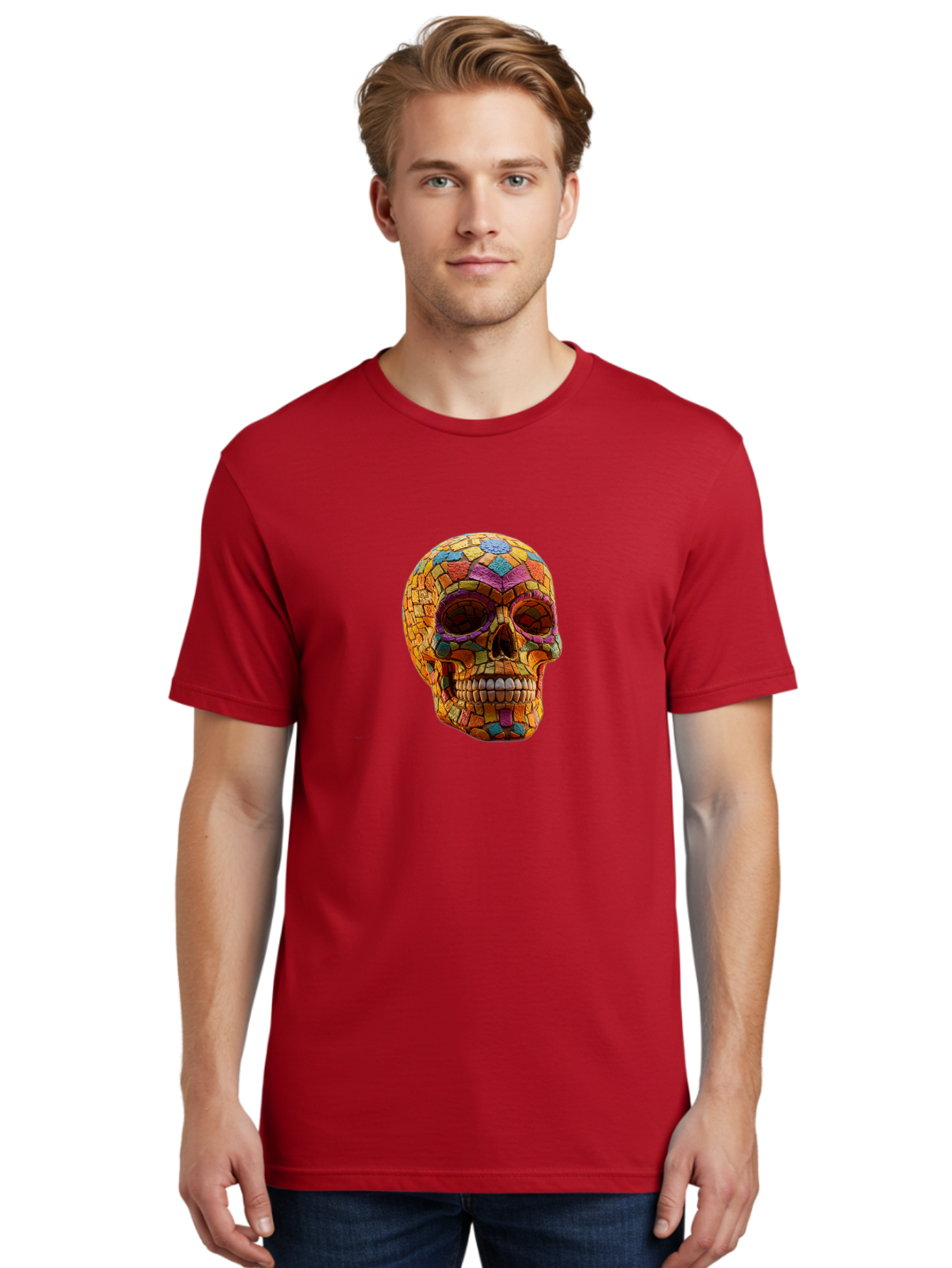 Mosaic-Sugar-Skull Men'S Graphic Tee, 100% Cotton, Comfortable Casual Summer Wear, Machine Washable, Sugar Skull, Mosaic Art, Colorful Tiles, Vibrant Colors, Festive Decoration, Day Of The Dead, Cultural Heritage, Folk Art, Skull Decoration Bad339 23