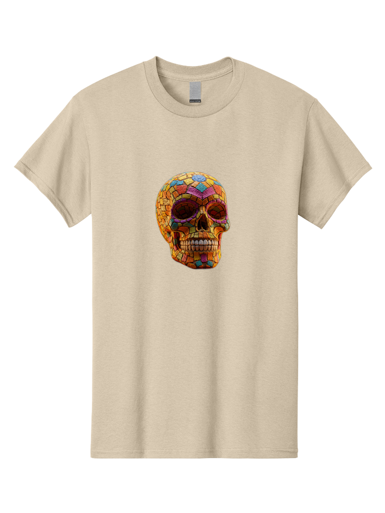 Mosaic-Sugar-Skull Men'S Graphic Tee, 100% Cotton, Comfortable Casual Summer Wear, Machine Washable, Sugar Skull, Mosaic Art, Colorful Tiles, Vibrant Colors, Festive Decoration, Day Of The Dead, Cultural Heritage, Folk Art, Skull Decoration Bad339 10