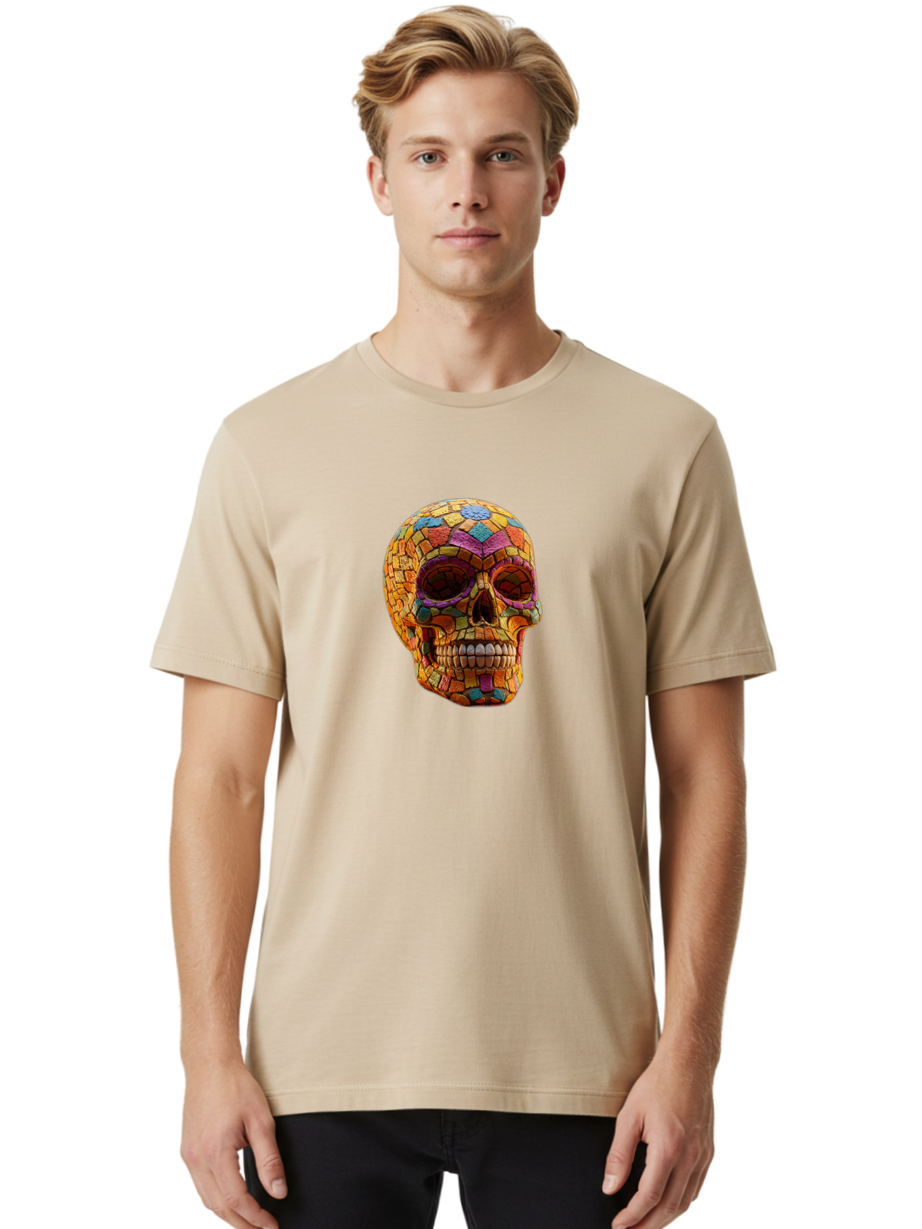 Mosaic-Sugar-Skull Men'S Graphic Tee, 100% Cotton, Comfortable Casual Summer Wear, Machine Washable, Sugar Skull, Mosaic Art, Colorful Tiles, Vibrant Colors, Festive Decoration, Day Of The Dead, Cultural Heritage, Folk Art, Skull Decoration Bad339 25