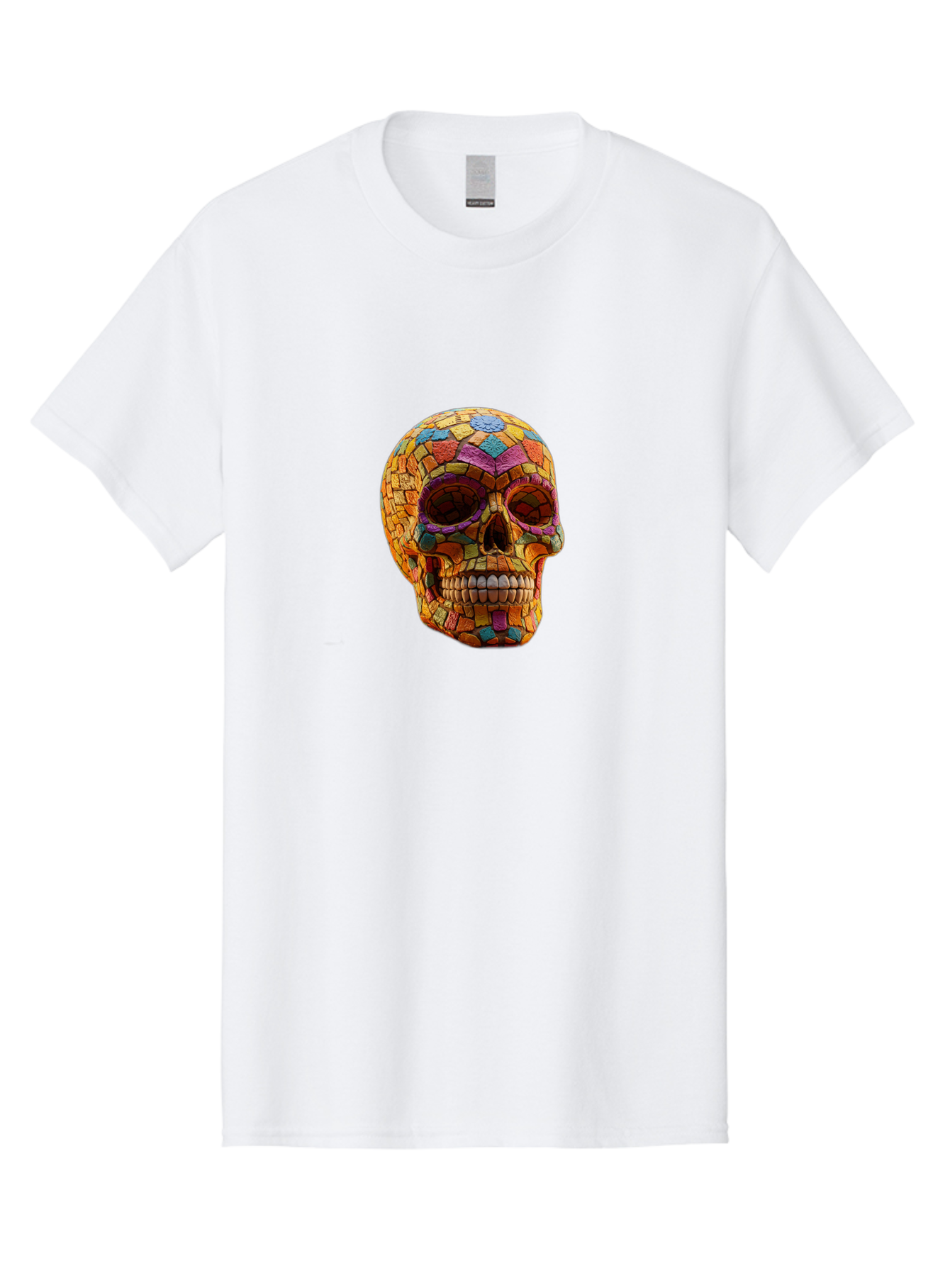 Mosaic-Sugar-Skull Men'S Graphic Tee, 100% Cotton, Comfortable Casual Summer Wear, Machine Washable, Sugar Skull, Mosaic Art, Colorful Tiles, Vibrant Colors, Festive Decoration, Day Of The Dead, Cultural Heritage, Folk Art, Skull Decoration Bad339 2