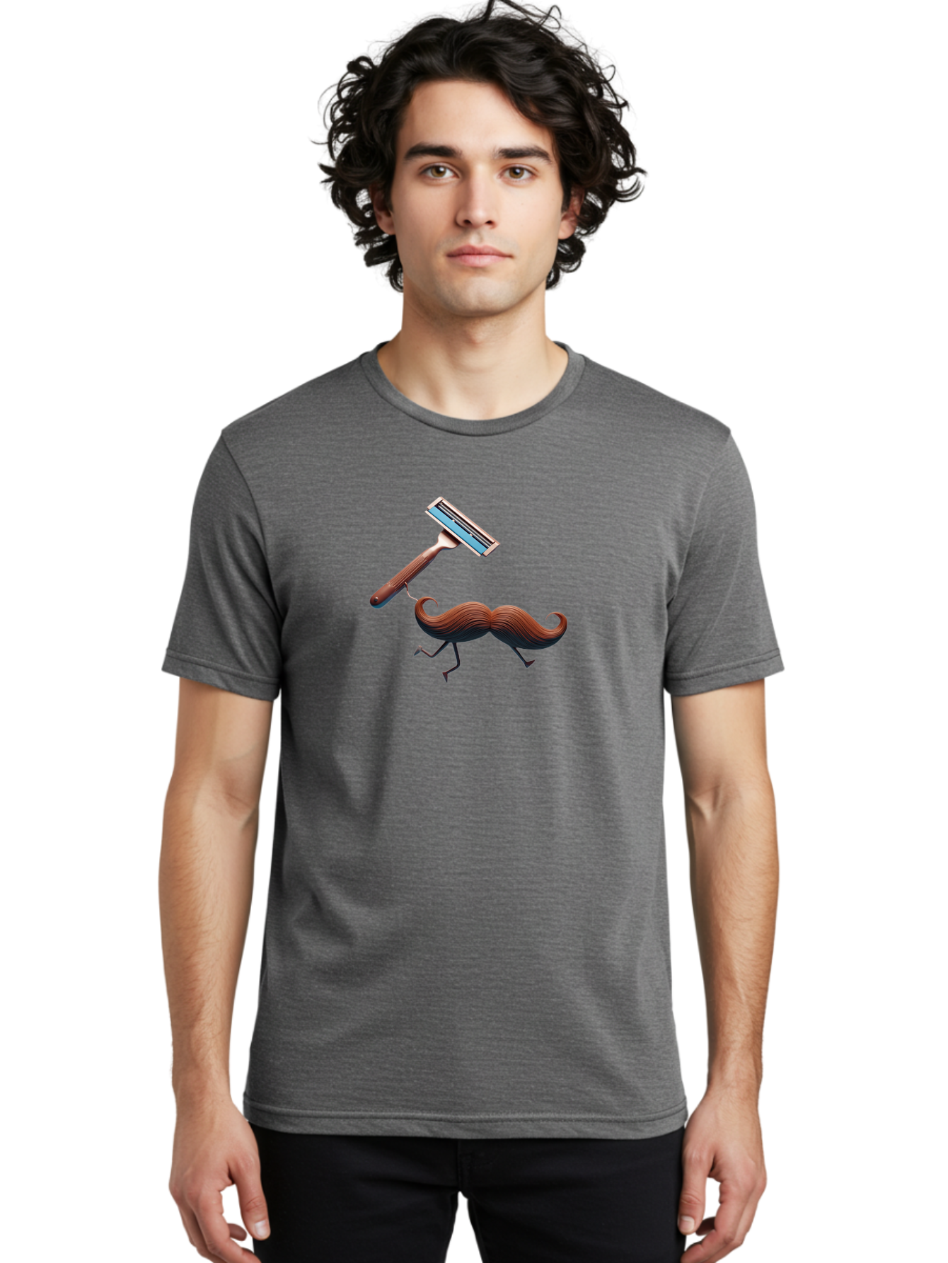 Mustache-Being-Carried-By-Razor Men'S Graphic Tee, 100% Cotton, Comfortable Casual Summer Wear, Machine Washable, Cartoon Mustache, Razor Shaving Mustache, Humorous Illustration, Shaving Concept, Funny Mustache, Razor Blade, Quirky Design, Bad347 25