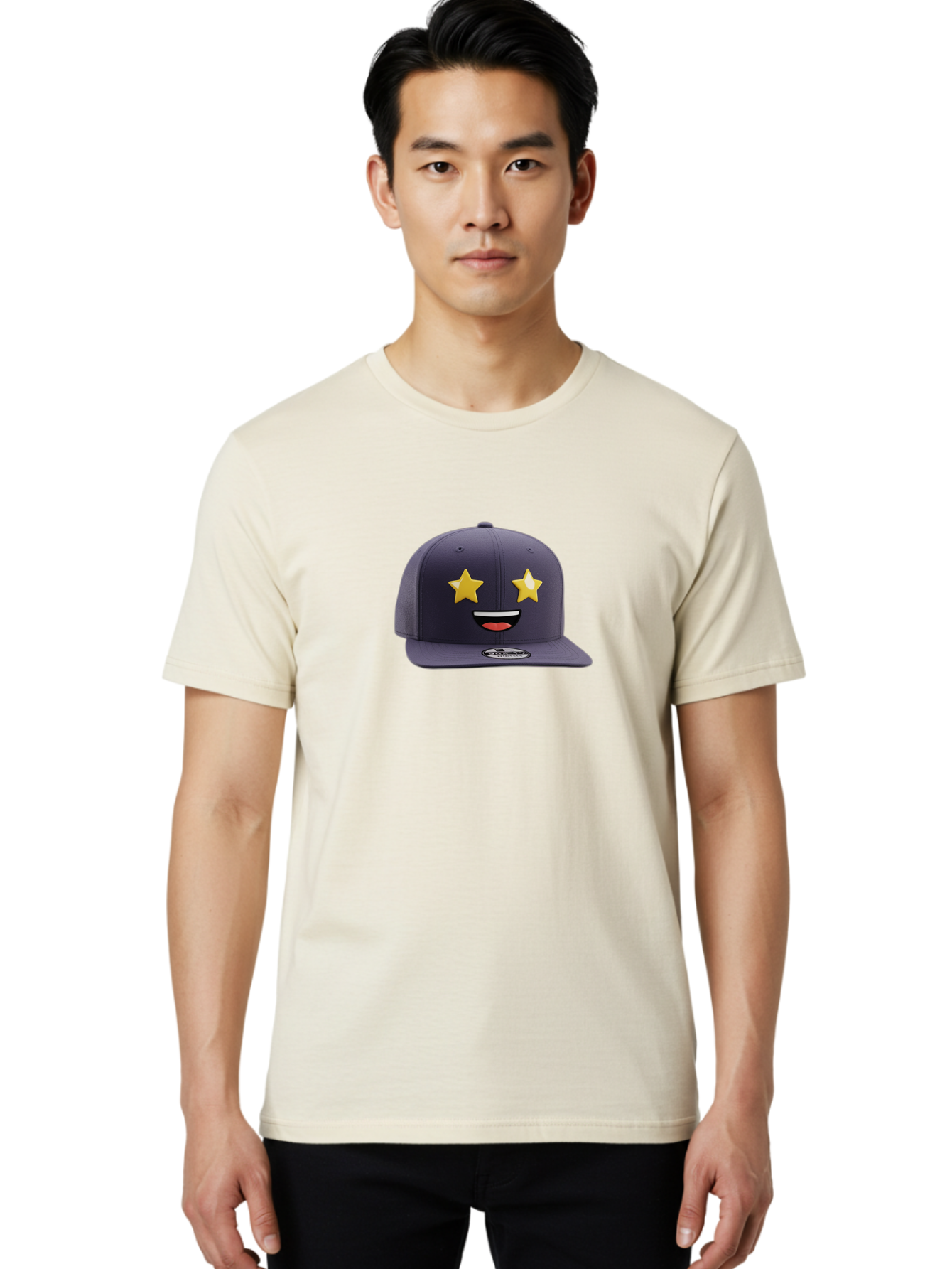 New-Era-Cap Men'S Graphic Tee, 100% Cotton, Comfortable Casual Summer Wear, Machine Washable, Baseball Cap, Emoji Face, Star Eyes, Smiling Mouth, Streetwear Fashion, Casual Style, Sports Headwear, Logo Sticker Bad368 23