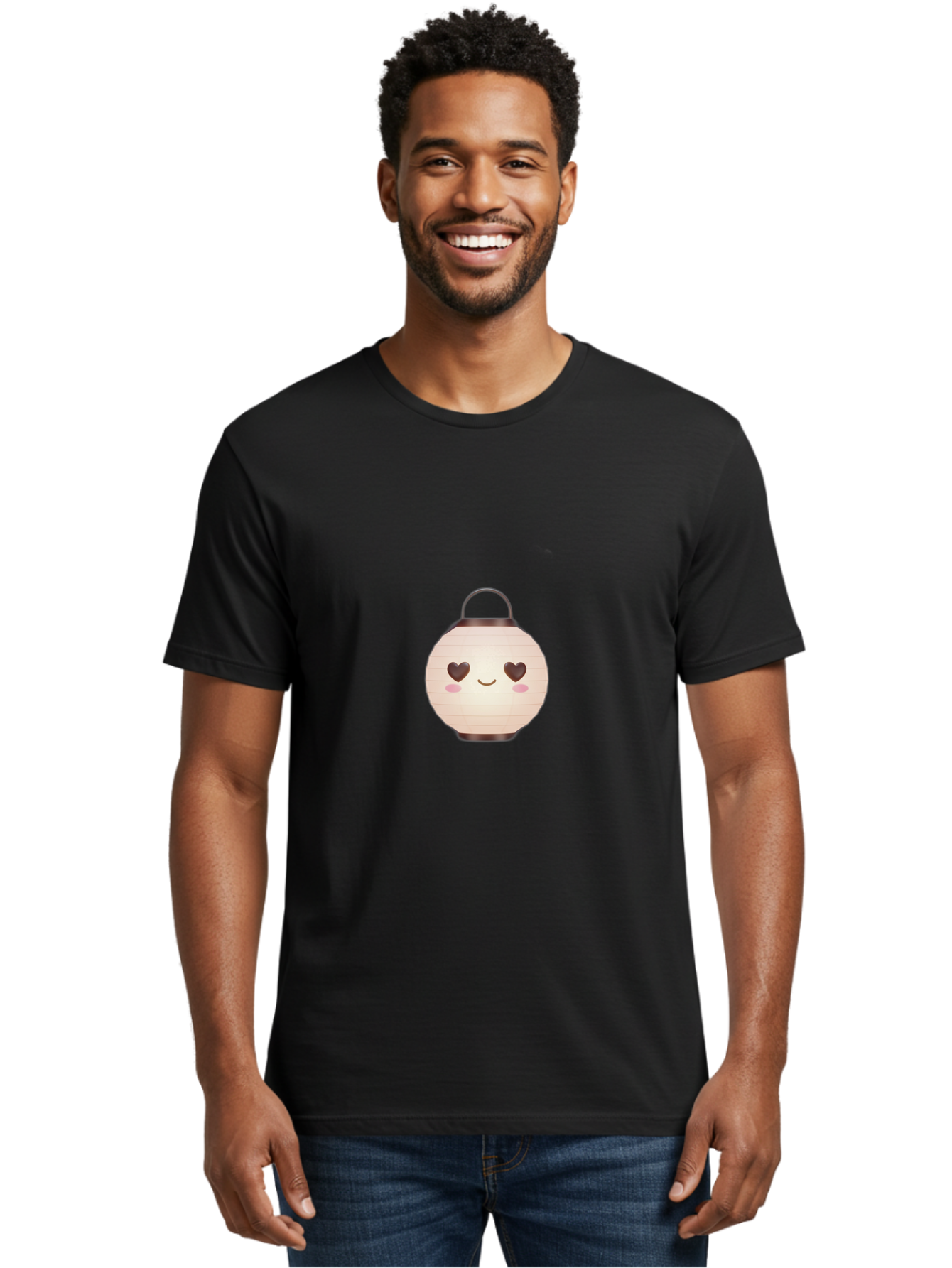 Paper-Lantern Men'S Graphic Tee, 100% Cotton, Comfortable Casual Summer Wear, Machine Washable, Paper Lantern With Heart-Shaped Eyes, Cartoon Style, Cute Expression, Pink Cheeks, Smiling Face, Kawaii Design, Love Symbol, Lantern Character Bad406 27