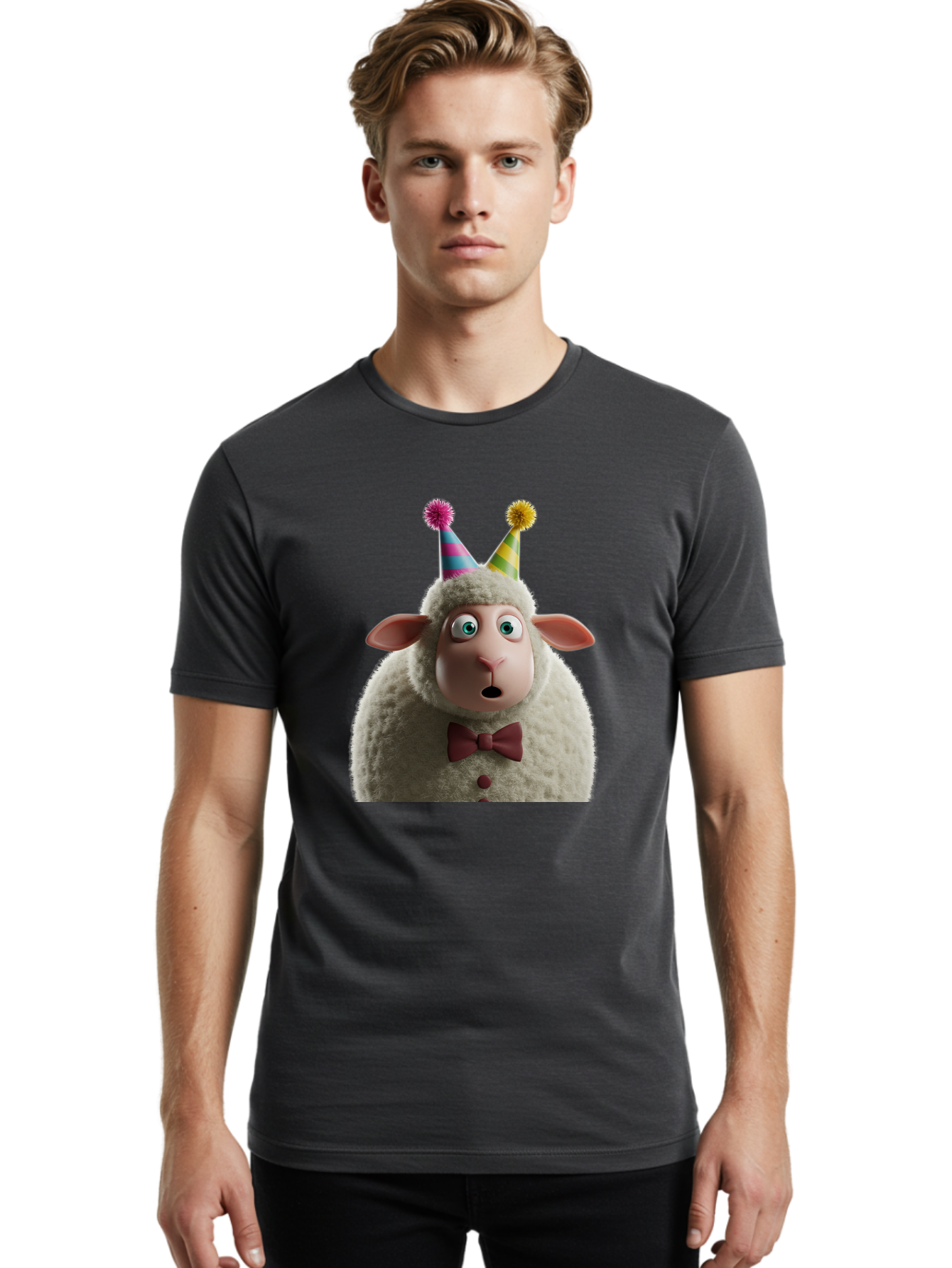 Party-Sheep Men'S Graphic Tee, 100% Cotton, Comfortable Casual Summer Wear, Machine Washable, Funny Sheep, Party Hat, Cute Animal, Surprised Expression, Cartoon Character, Festive Atmosphere, Humorous Illustration, Sheep Character, Bad408 30