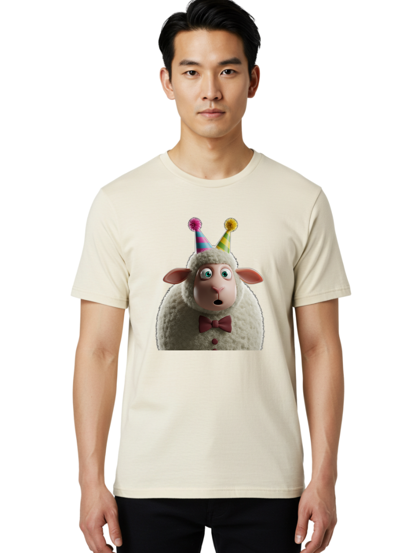Party-Sheep Men'S Graphic Tee, 100% Cotton, Comfortable Casual Summer Wear, Machine Washable, Funny Sheep, Party Hat, Cute Animal, Surprised Expression, Cartoon Character, Festive Atmosphere, Humorous Illustration, Sheep Character, Bad408 17