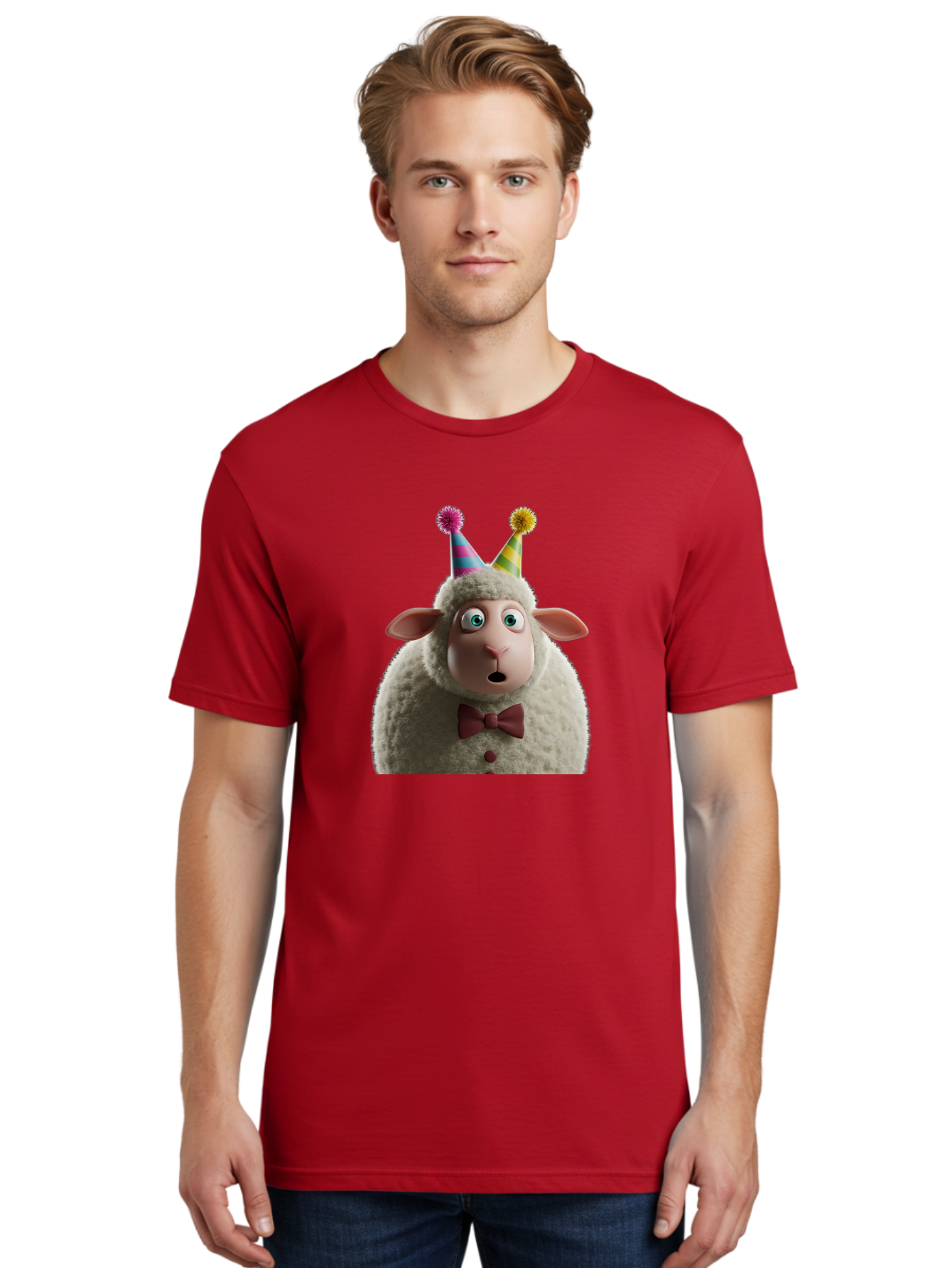 Party-Sheep Men'S Graphic Tee, 100% Cotton, Comfortable Casual Summer Wear, Machine Washable, Funny Sheep, Party Hat, Cute Animal, Surprised Expression, Cartoon Character, Festive Atmosphere, Humorous Illustration, Sheep Character, Bad408 26