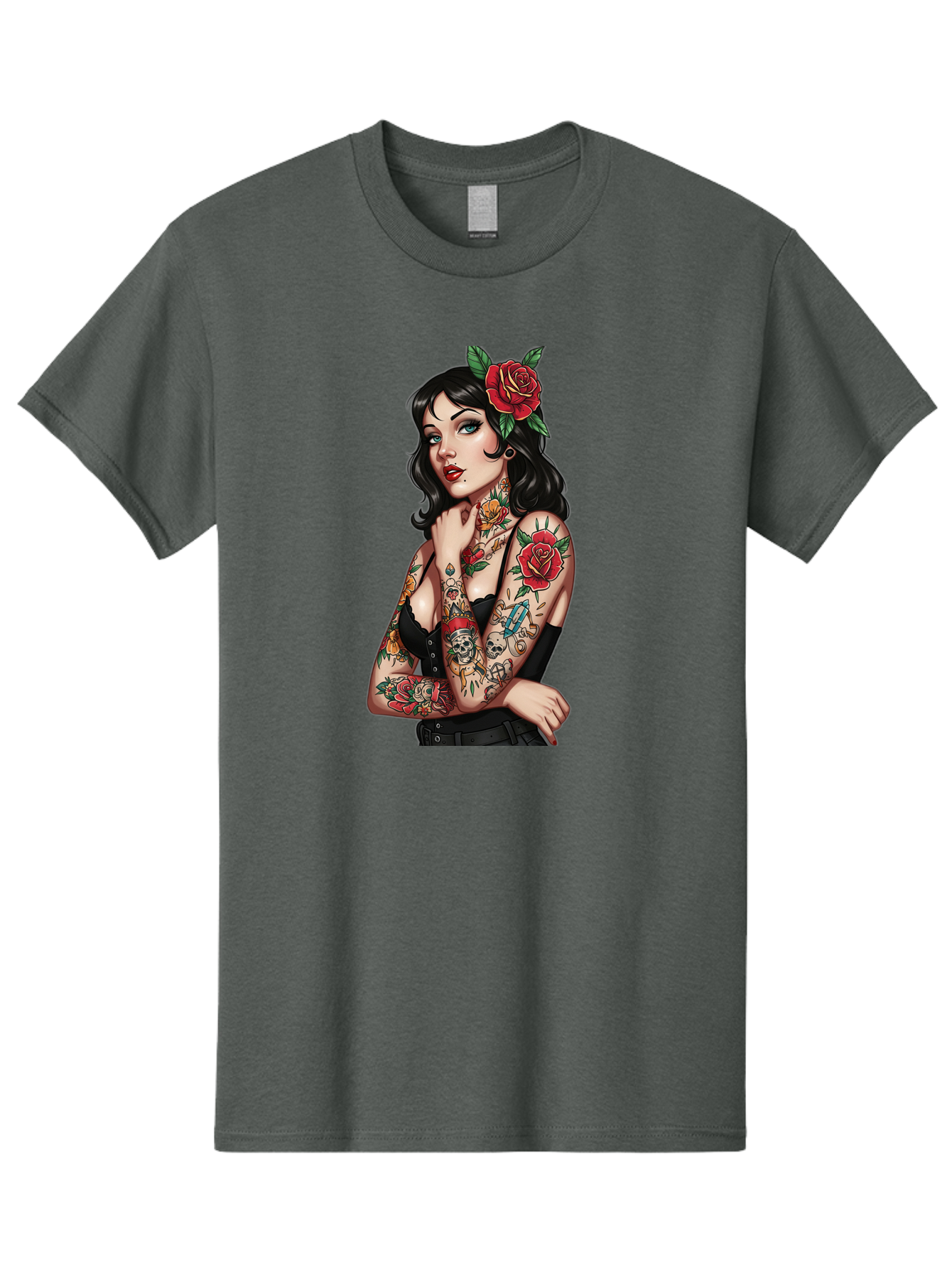 Pin-Up-Girl-Tattoos Men'S Graphic Tee, 100% Cotton, Comfortable Casual Summer Wear, Machine Washable, Tattooed Pin-Up Girl, Vintage Style, Rose In Hair, Arm Tattoos, Roses, Skull, Dagger, Edgy, Feminine Charm, Classic Tattoo Art, Body Art Bad417 8