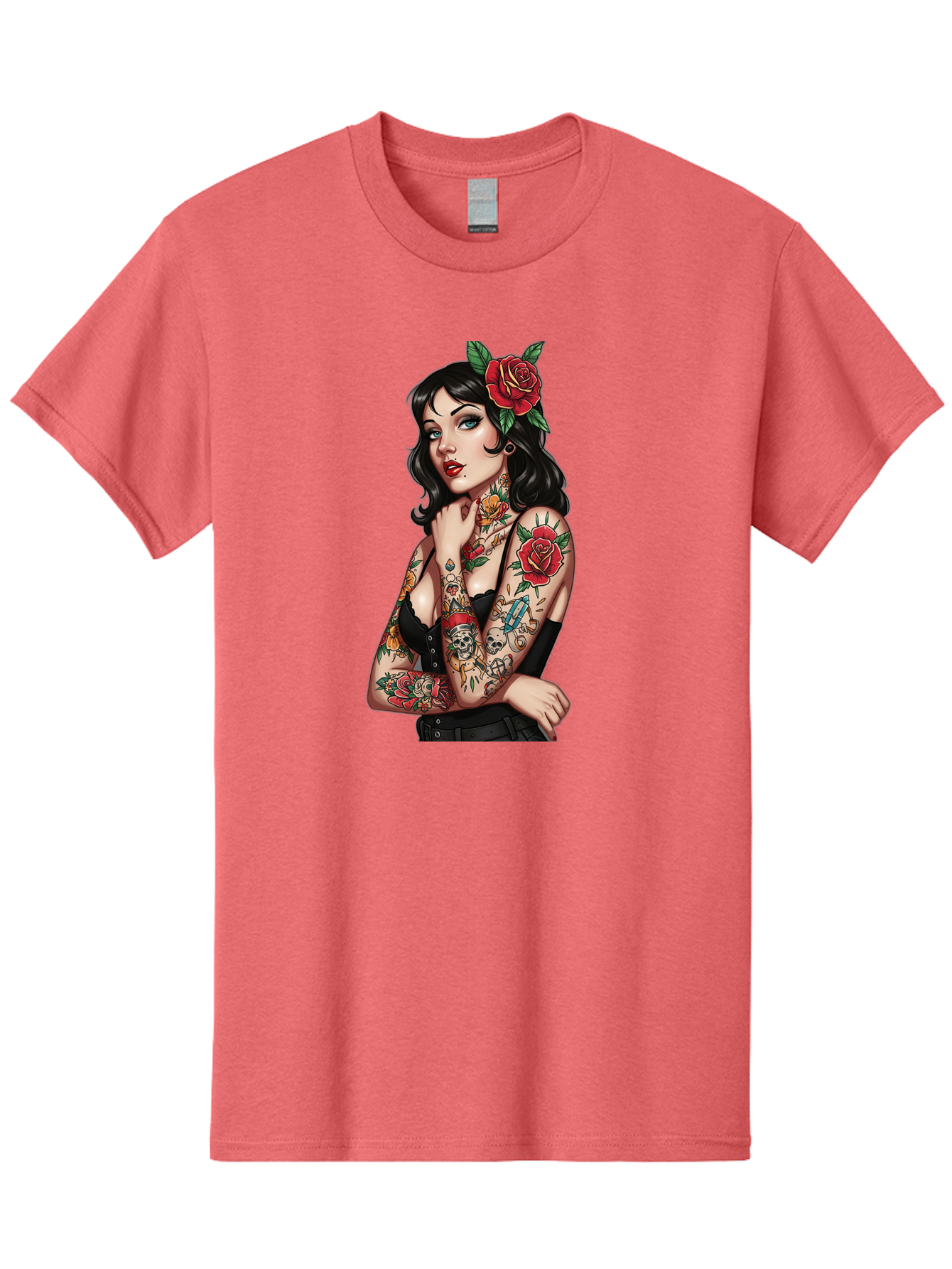 Pin-Up-Girl-Tattoos Men'S Graphic Tee, 100% Cotton, Comfortable Casual Summer Wear, Machine Washable, Tattooed Pin-Up Girl, Vintage Style, Rose In Hair, Arm Tattoos, Roses, Skull, Dagger, Edgy, Feminine Charm, Classic Tattoo Art, Body Art Bad417 14
