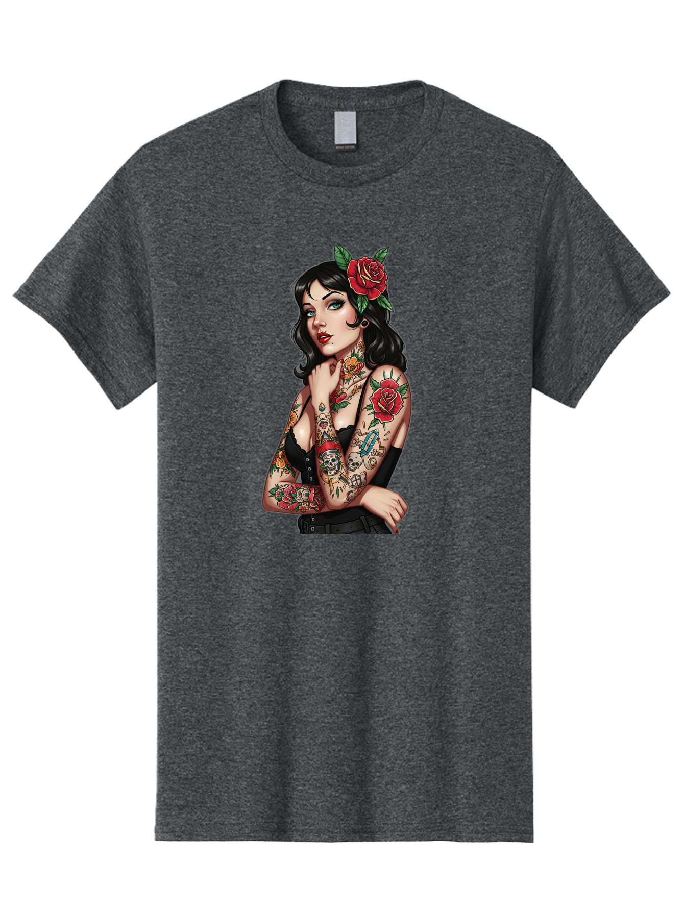 Pin-Up-Girl-Tattoos Men'S Graphic Tee, 100% Cotton, Comfortable Casual Summer Wear, Machine Washable, Tattooed Pin-Up Girl, Vintage Style, Rose In Hair, Arm Tattoos, Roses, Skull, Dagger, Edgy, Feminine Charm, Classic Tattoo Art, Body Art Bad417 3