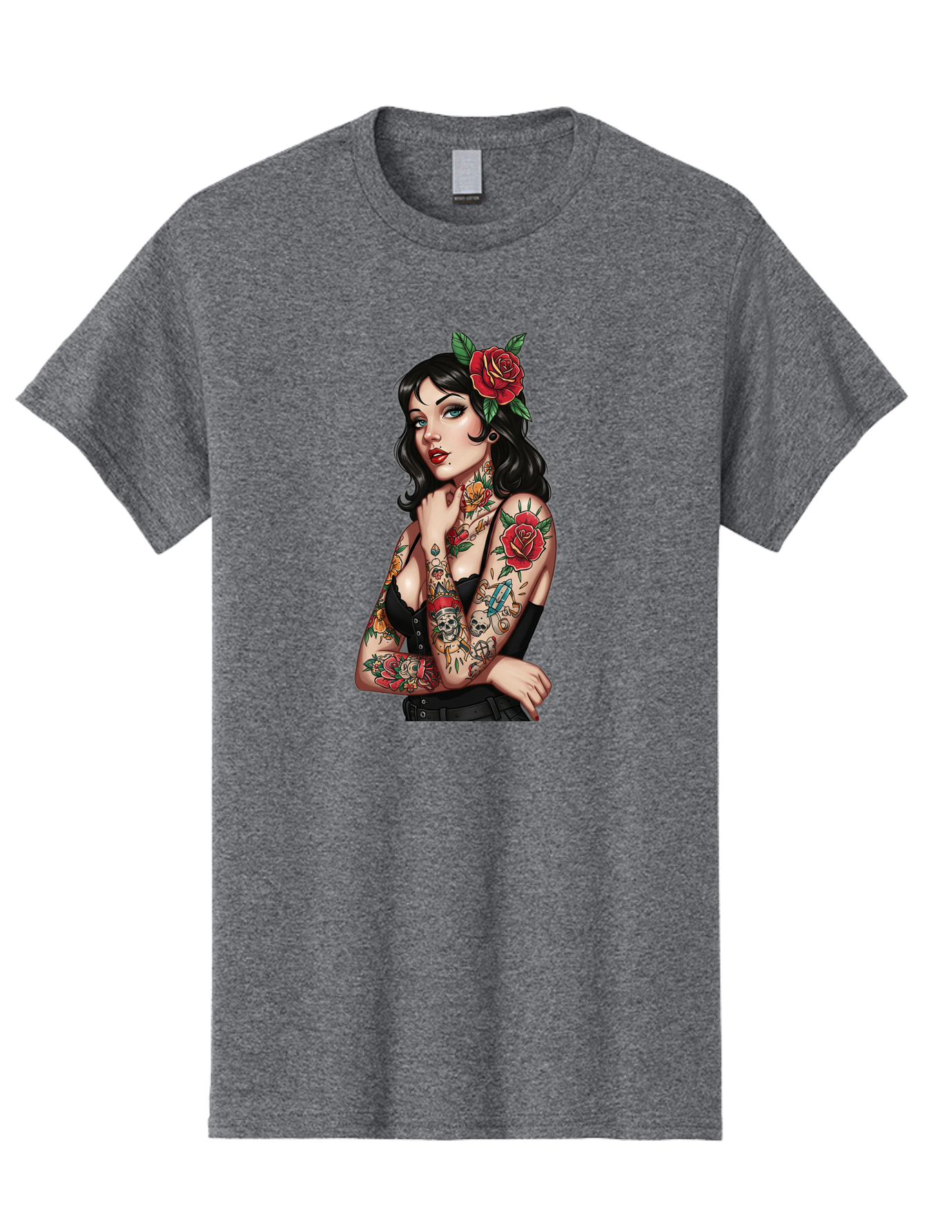 Pin-Up-Girl-Tattoos Men'S Graphic Tee, 100% Cotton, Comfortable Casual Summer Wear, Machine Washable, Tattooed Pin-Up Girl, Vintage Style, Rose In Hair, Arm Tattoos, Roses, Skull, Dagger, Edgy, Feminine Charm, Classic Tattoo Art, Body Art Bad417 11