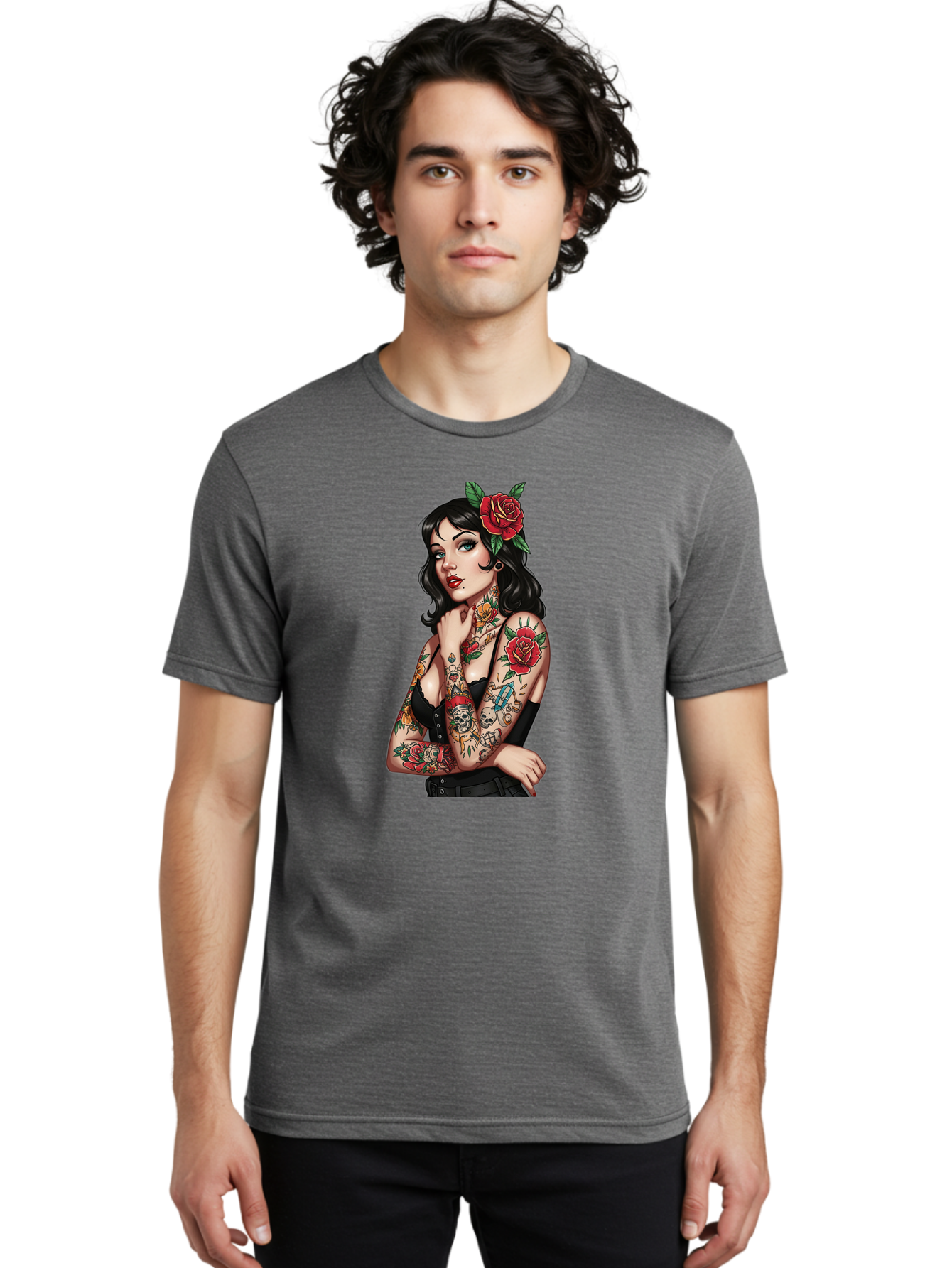 Pin-Up-Girl-Tattoos Men'S Graphic Tee, 100% Cotton, Comfortable Casual Summer Wear, Machine Washable, Tattooed Pin-Up Girl, Vintage Style, Rose In Hair, Arm Tattoos, Roses, Skull, Dagger, Edgy, Feminine Charm, Classic Tattoo Art, Body Art Bad417 26