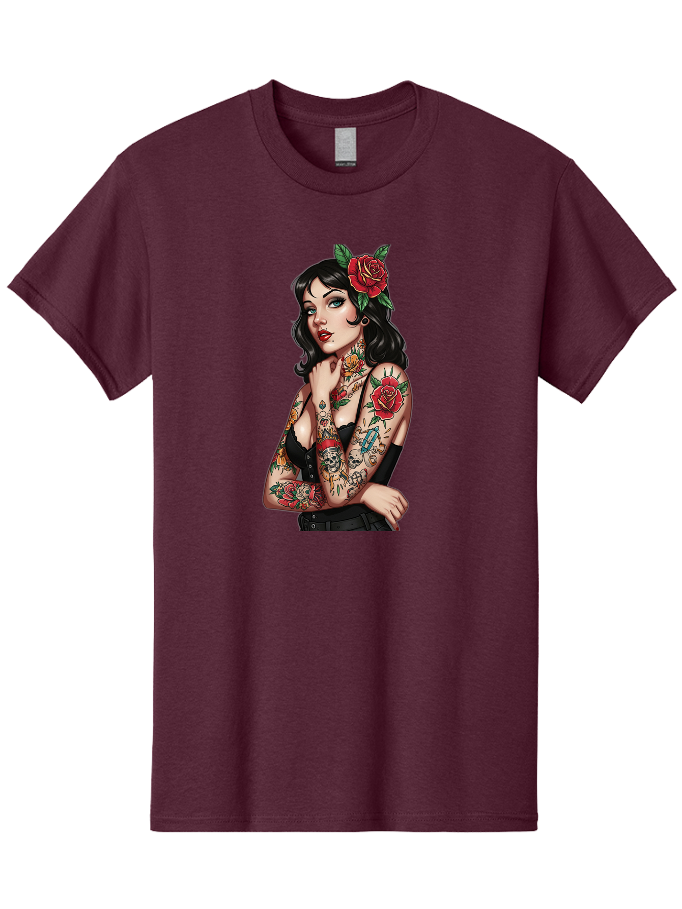 Pin-Up-Girl-Tattoos Men'S Graphic Tee, 100% Cotton, Comfortable Casual Summer Wear, Machine Washable, Tattooed Pin-Up Girl, Vintage Style, Rose In Hair, Arm Tattoos, Roses, Skull, Dagger, Edgy, Feminine Charm, Classic Tattoo Art, Body Art Bad417 4