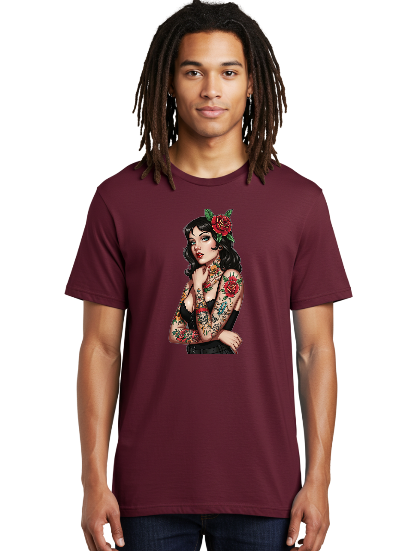 Pin-Up-Girl-Tattoos Men'S Graphic Tee, 100% Cotton, Comfortable Casual Summer Wear, Machine Washable, Tattooed Pin-Up Girl, Vintage Style, Rose In Hair, Arm Tattoos, Roses, Skull, Dagger, Edgy, Feminine Charm, Classic Tattoo Art, Body Art Bad417 19