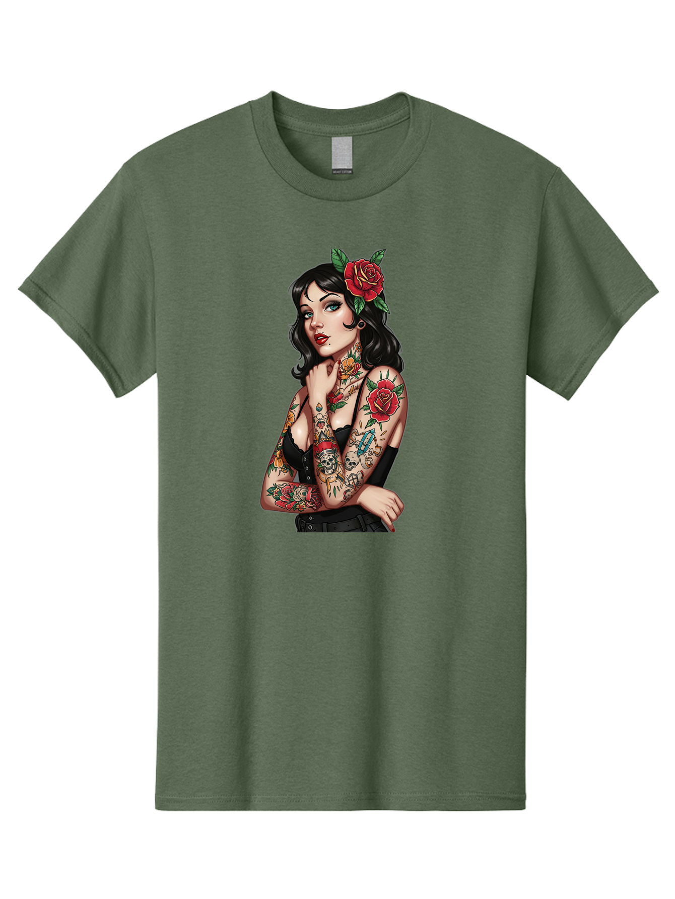 Pin-Up-Girl-Tattoos Men'S Graphic Tee, 100% Cotton, Comfortable Casual Summer Wear, Machine Washable, Tattooed Pin-Up Girl, Vintage Style, Rose In Hair, Arm Tattoos, Roses, Skull, Dagger, Edgy, Feminine Charm, Classic Tattoo Art, Body Art Bad417 13