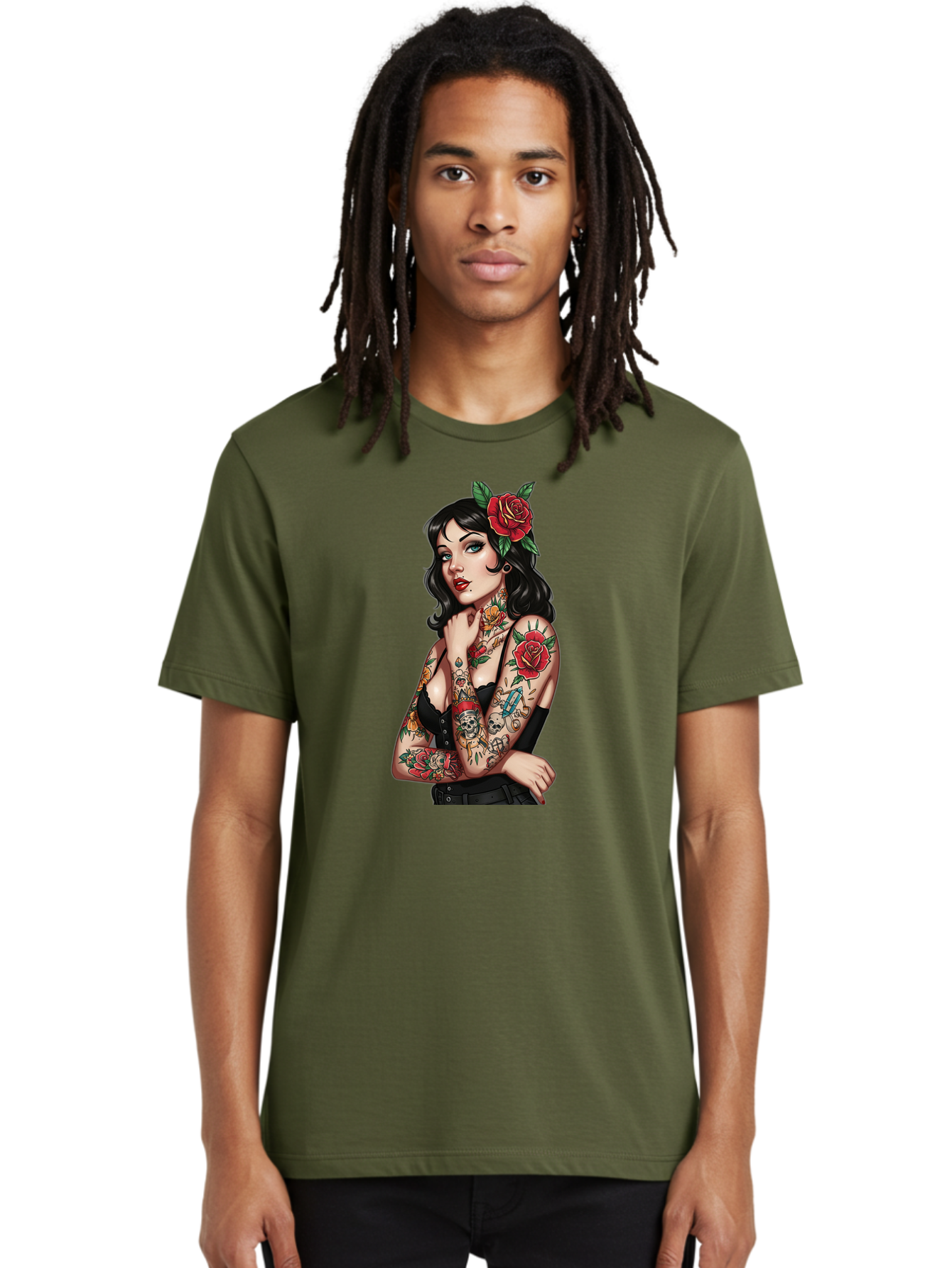 Pin-Up-Girl-Tattoos Men'S Graphic Tee, 100% Cotton, Comfortable Casual Summer Wear, Machine Washable, Tattooed Pin-Up Girl, Vintage Style, Rose In Hair, Arm Tattoos, Roses, Skull, Dagger, Edgy, Feminine Charm, Classic Tattoo Art, Body Art Bad417 28