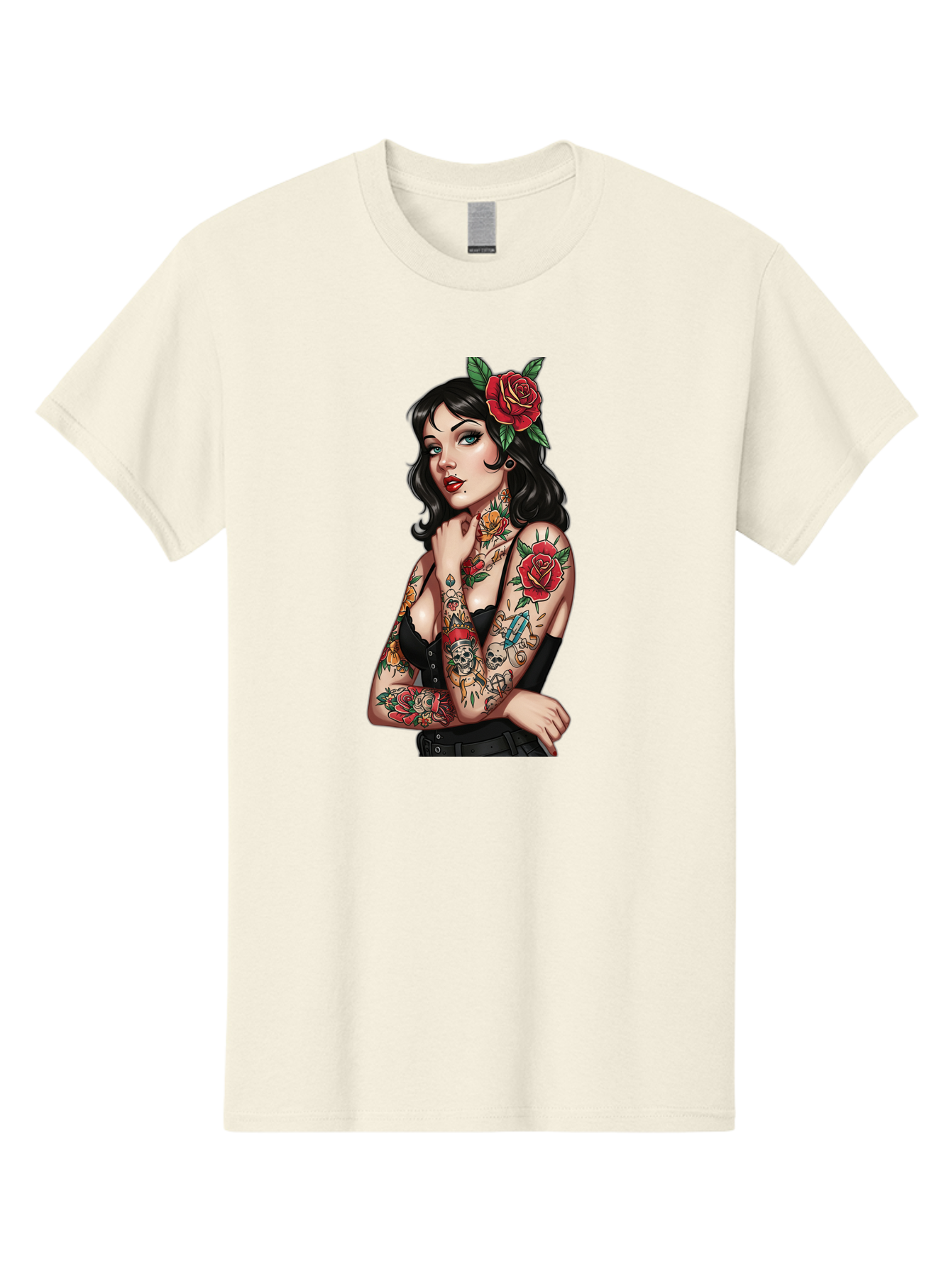 Pin-Up-Girl-Tattoos Men'S Graphic Tee, 100% Cotton, Comfortable Casual Summer Wear, Machine Washable, Tattooed Pin-Up Girl, Vintage Style, Rose In Hair, Arm Tattoos, Roses, Skull, Dagger, Edgy, Feminine Charm, Classic Tattoo Art, Body Art Bad417 5