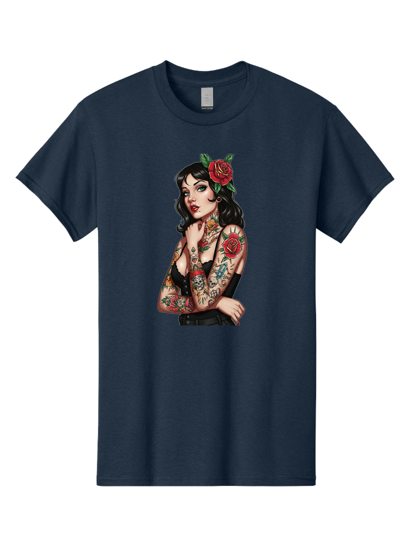 Pin-Up-Girl-Tattoos Men'S Graphic Tee, 100% Cotton, Comfortable Casual Summer Wear, Machine Washable, Tattooed Pin-Up Girl, Vintage Style, Rose In Hair, Arm Tattoos, Roses, Skull, Dagger, Edgy, Feminine Charm, Classic Tattoo Art, Body Art Bad417 12
