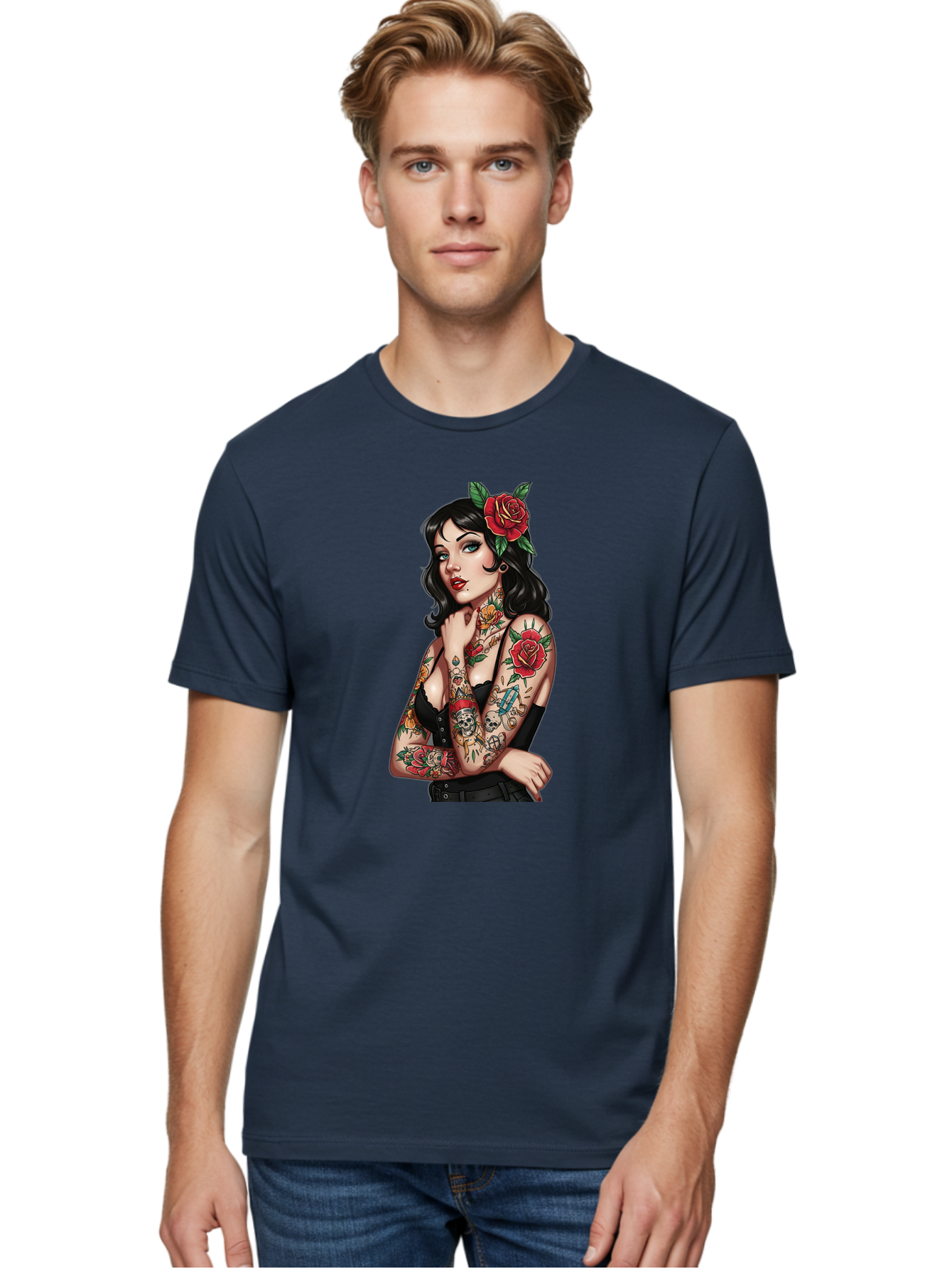 Pin-Up-Girl-Tattoos Men'S Graphic Tee, 100% Cotton, Comfortable Casual Summer Wear, Machine Washable, Tattooed Pin-Up Girl, Vintage Style, Rose In Hair, Arm Tattoos, Roses, Skull, Dagger, Edgy, Feminine Charm, Classic Tattoo Art, Body Art Bad417 27