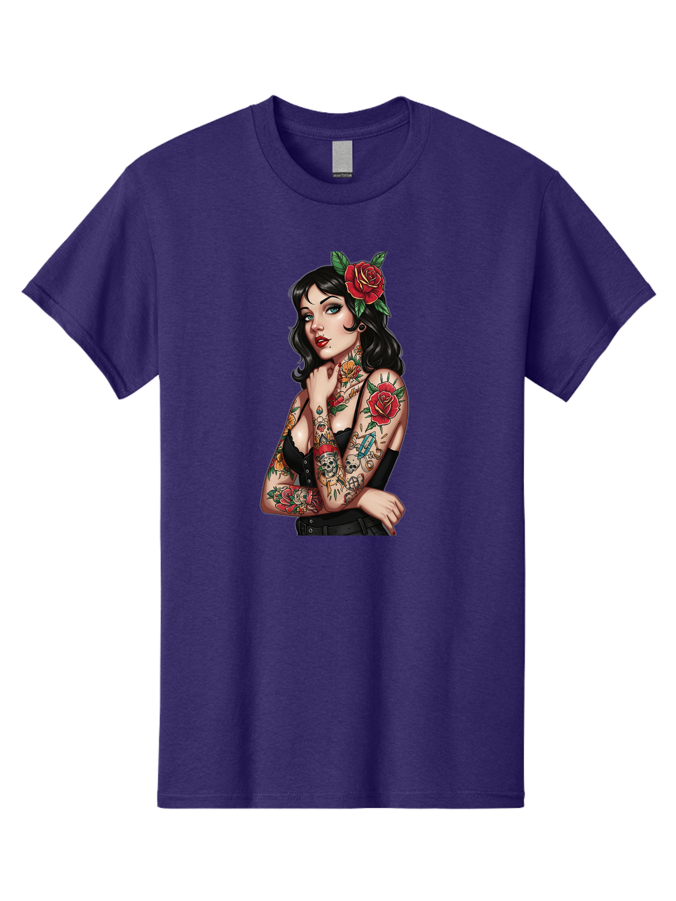 Pin-Up-Girl-Tattoos Men'S Graphic Tee, 100% Cotton, Comfortable Casual Summer Wear, Machine Washable, Tattooed Pin-Up Girl, Vintage Style, Rose In Hair, Arm Tattoos, Roses, Skull, Dagger, Edgy, Feminine Charm, Classic Tattoo Art, Body Art Bad417 1