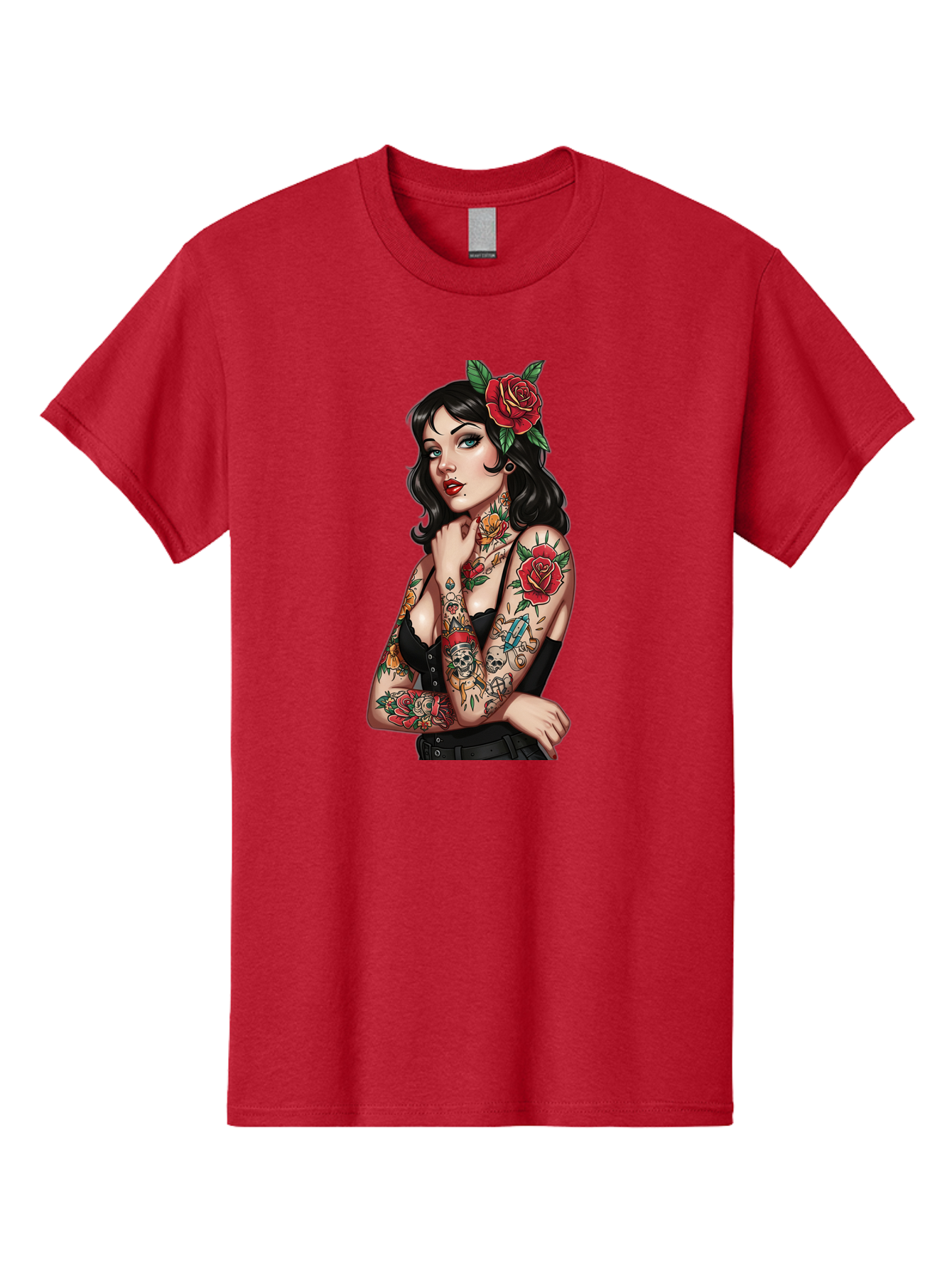 Pin-Up-Girl-Tattoos Men'S Graphic Tee, 100% Cotton, Comfortable Casual Summer Wear, Machine Washable, Tattooed Pin-Up Girl, Vintage Style, Rose In Hair, Arm Tattoos, Roses, Skull, Dagger, Edgy, Feminine Charm, Classic Tattoo Art, Body Art Bad417 2