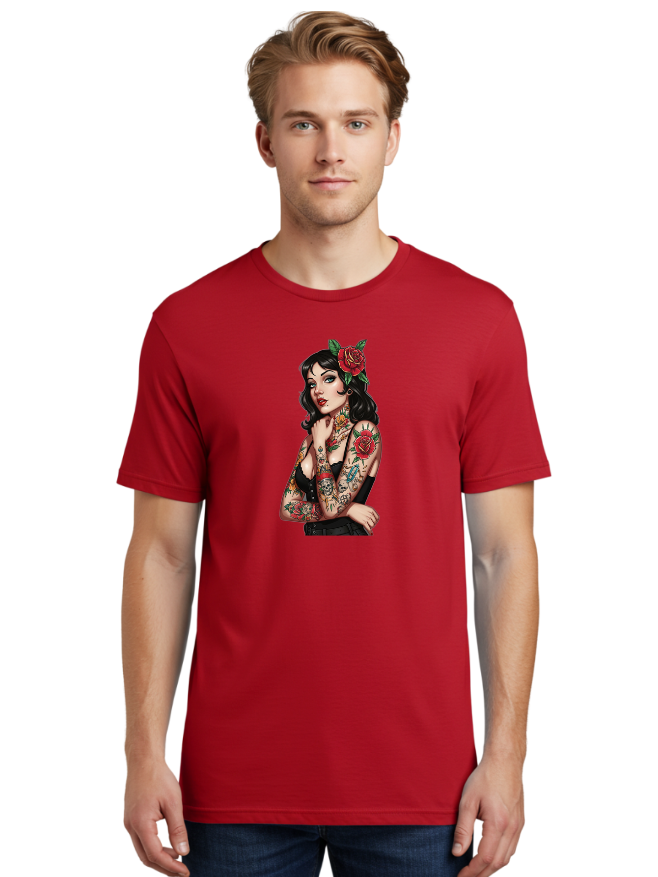 Pin-Up-Girl-Tattoos Men'S Graphic Tee, 100% Cotton, Comfortable Casual Summer Wear, Machine Washable, Tattooed Pin-Up Girl, Vintage Style, Rose In Hair, Arm Tattoos, Roses, Skull, Dagger, Edgy, Feminine Charm, Classic Tattoo Art, Body Art Bad417 17