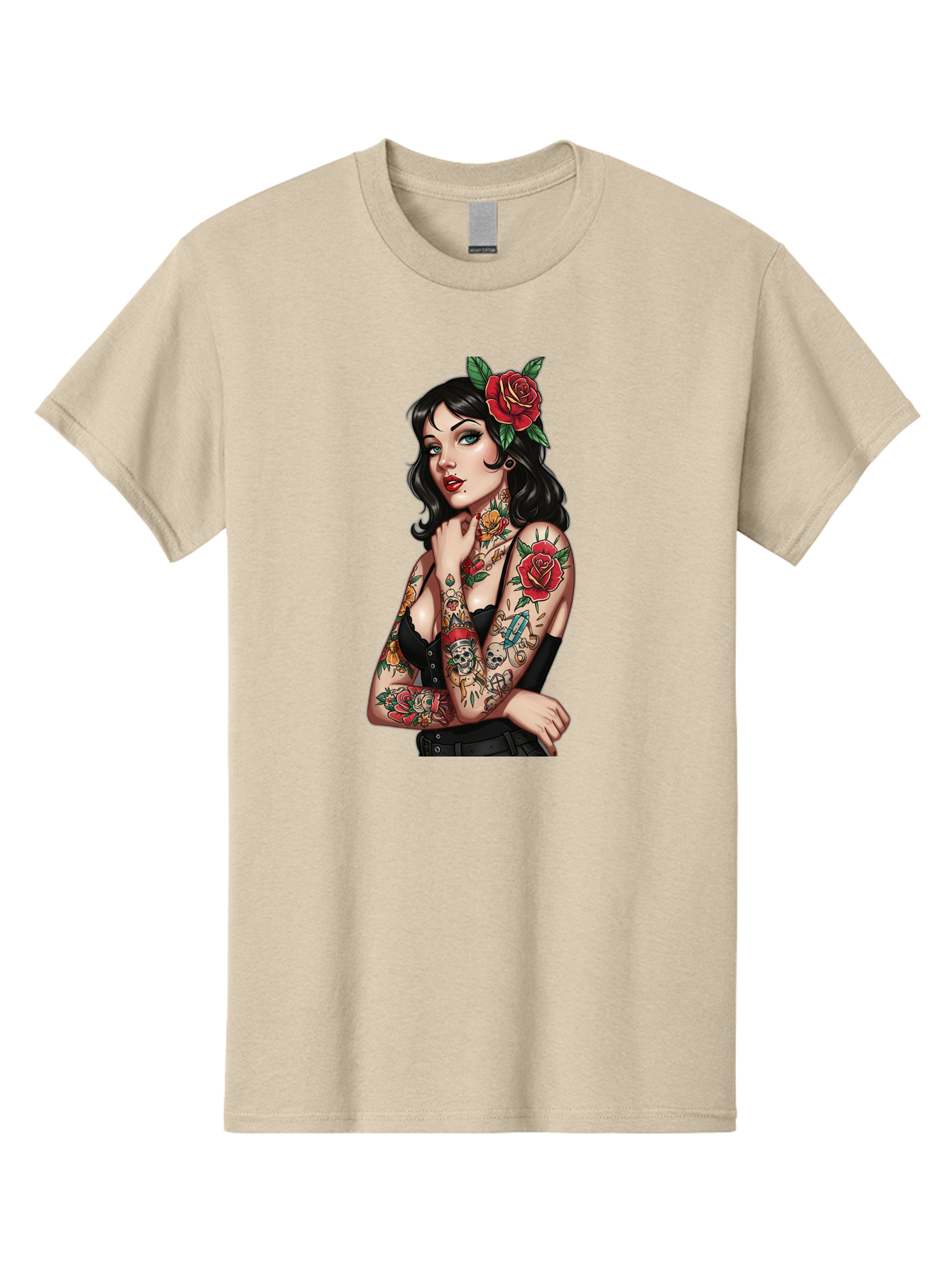 Pin-Up-Girl-Tattoos Men'S Graphic Tee, 100% Cotton, Comfortable Casual Summer Wear, Machine Washable, Tattooed Pin-Up Girl, Vintage Style, Rose In Hair, Arm Tattoos, Roses, Skull, Dagger, Edgy, Feminine Charm, Classic Tattoo Art, Body Art Bad417 10
