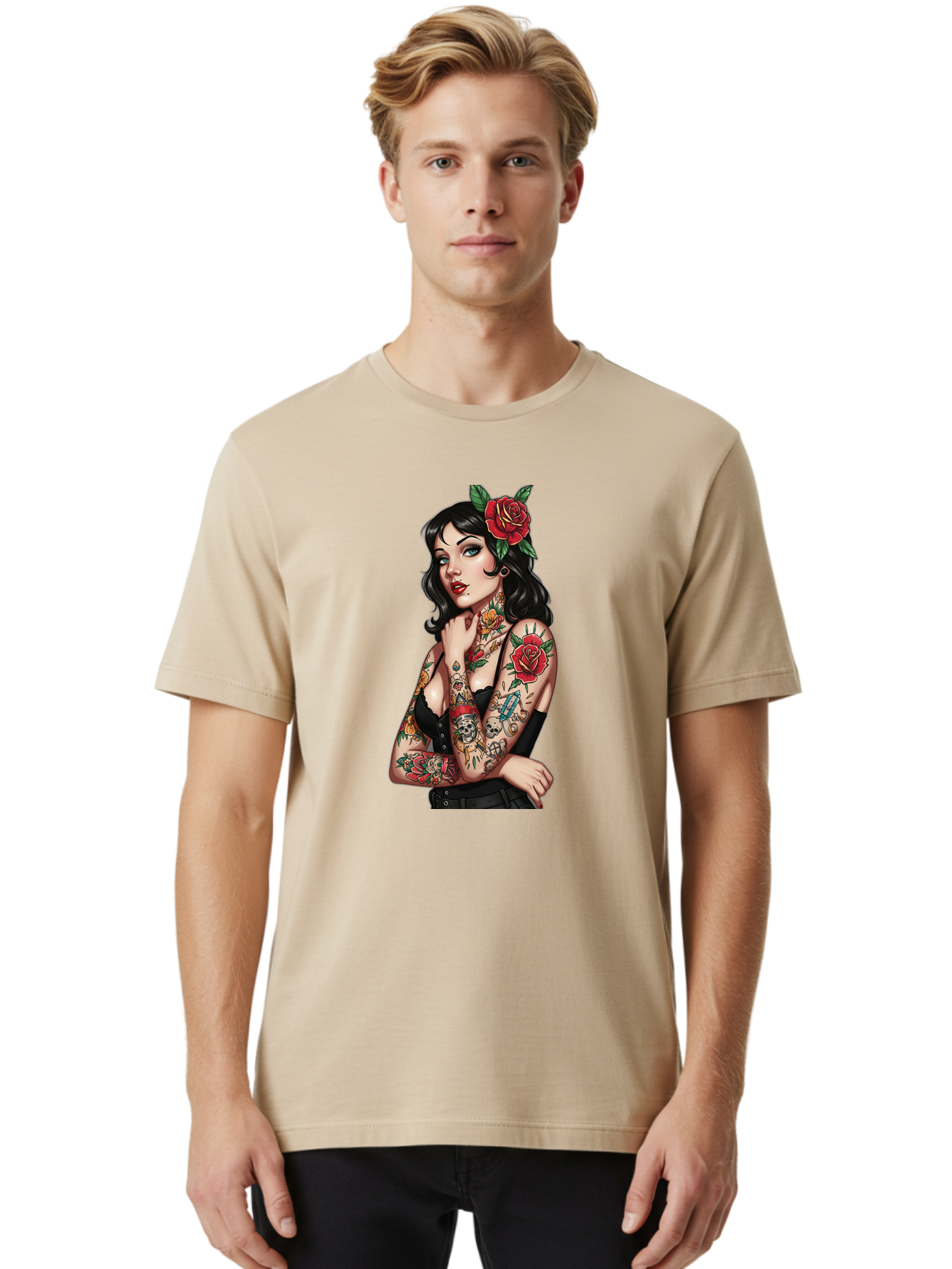 Pin-Up-Girl-Tattoos Men'S Graphic Tee, 100% Cotton, Comfortable Casual Summer Wear, Machine Washable, Tattooed Pin-Up Girl, Vintage Style, Rose In Hair, Arm Tattoos, Roses, Skull, Dagger, Edgy, Feminine Charm, Classic Tattoo Art, Body Art Bad417 25