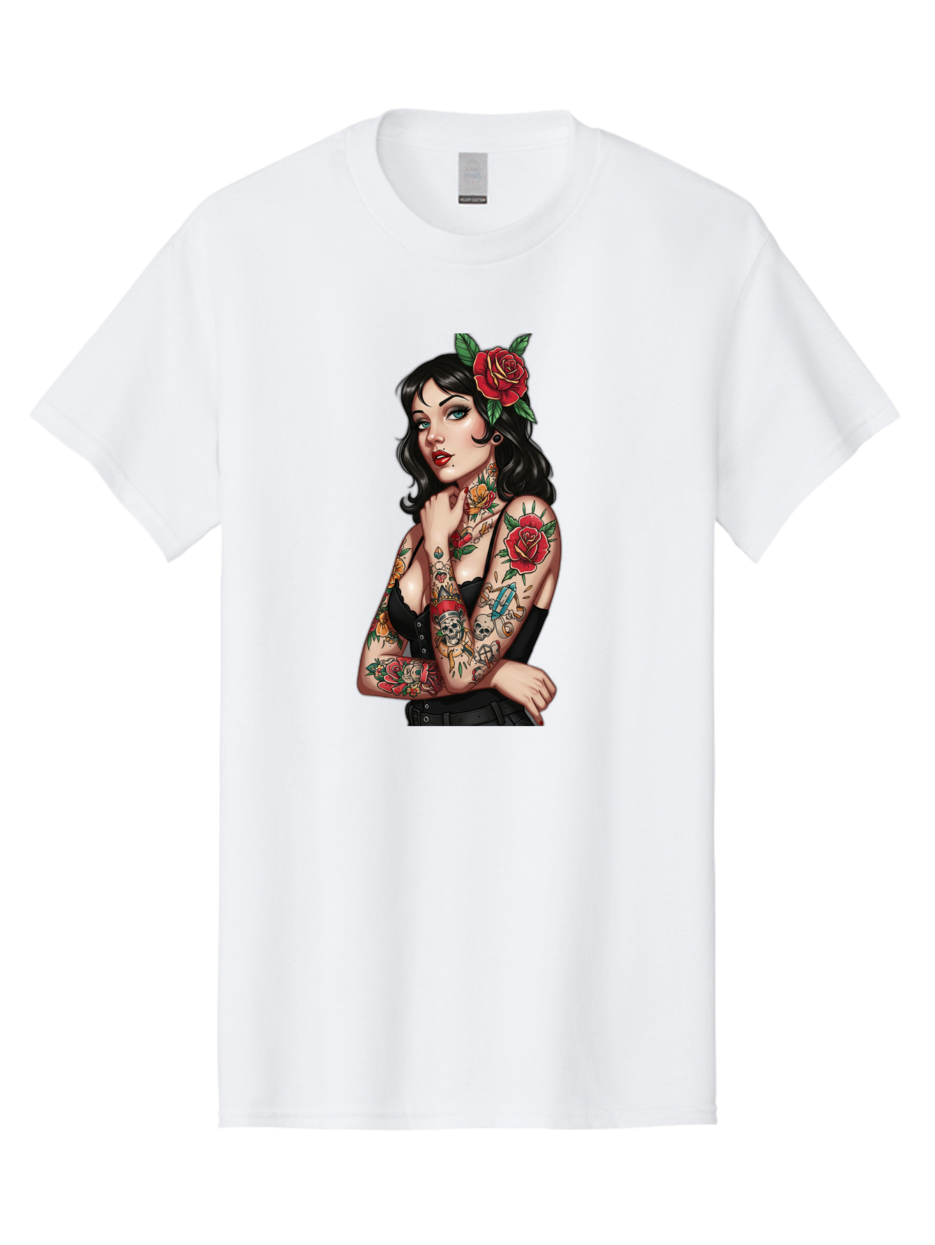 Pin-Up-Girl-Tattoos Men'S Graphic Tee, 100% Cotton, Comfortable Casual Summer Wear, Machine Washable, Tattooed Pin-Up Girl, Vintage Style, Rose In Hair, Arm Tattoos, Roses, Skull, Dagger, Edgy, Feminine Charm, Classic Tattoo Art, Body Art Bad417 9