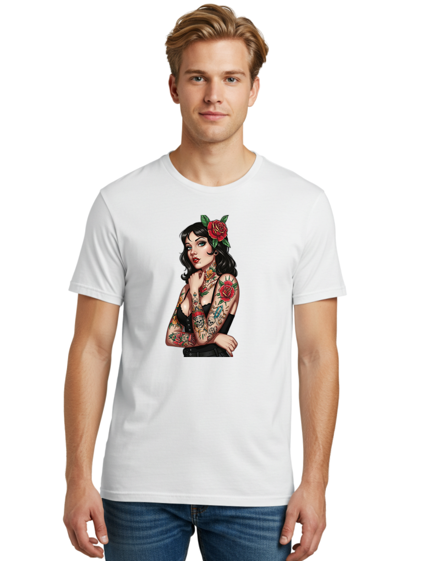 Pin-Up-Girl-Tattoos Men'S Graphic Tee, 100% Cotton, Comfortable Casual Summer Wear, Machine Washable, Tattooed Pin-Up Girl, Vintage Style, Rose In Hair, Arm Tattoos, Roses, Skull, Dagger, Edgy, Feminine Charm, Classic Tattoo Art, Body Art Bad417 24