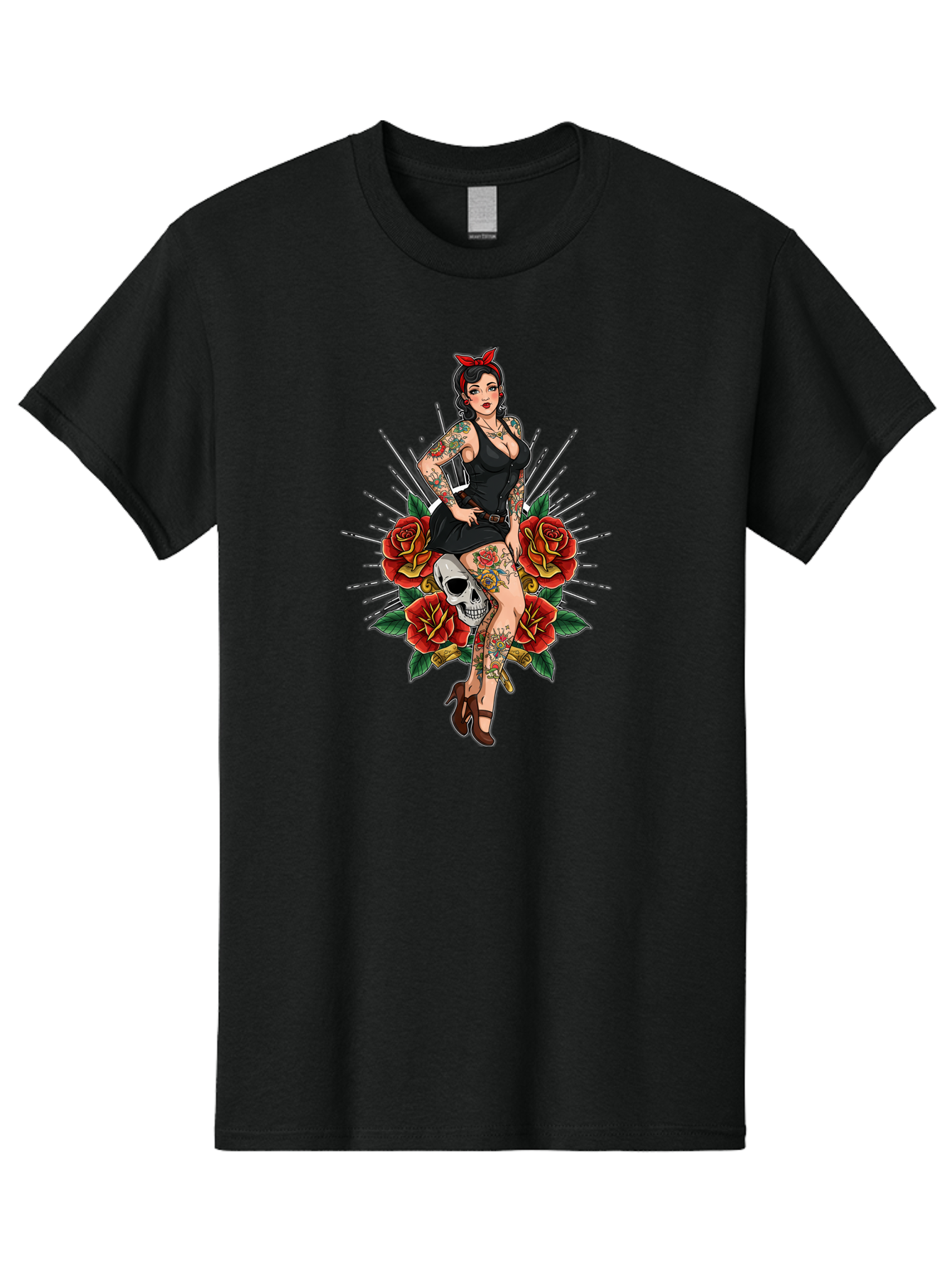 Pin-Up-Girl-With-Skull-And-Roses Men'S Graphic Tee, 100% Cotton, Comfortable Casual Summer Wear, Machine Washable, Pinup Girl, Tattoo Art, Red Roses, Skull, Daggers, Sexy Pose, Pin-Up Style, Vintage-Inspired, Bold Graphics, Feminine Charm, Bad418 6