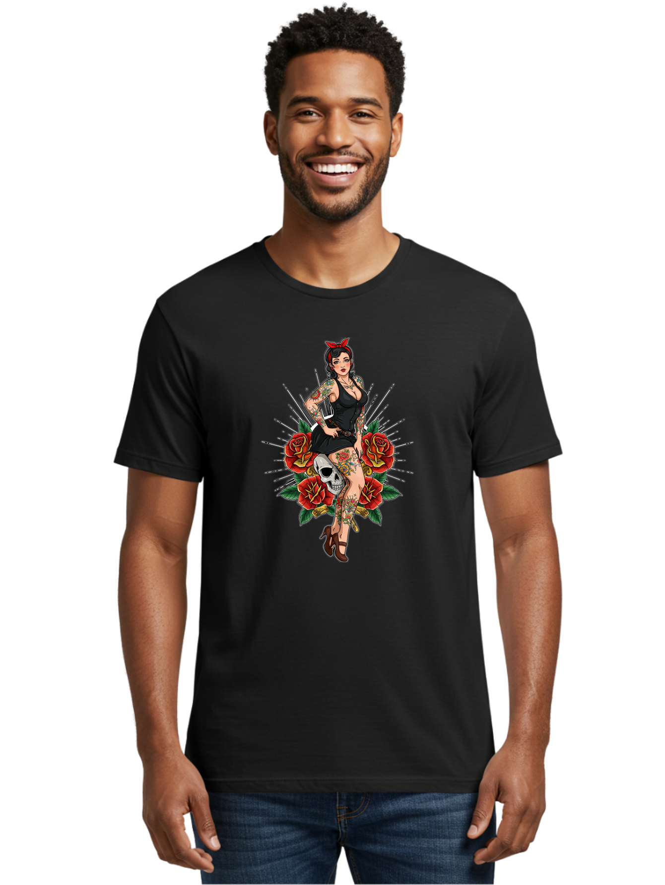 Pin-Up-Girl-With-Skull-And-Roses Men'S Graphic Tee, 100% Cotton, Comfortable Casual Summer Wear, Machine Washable, Pinup Girl, Tattoo Art, Red Roses, Skull, Daggers, Sexy Pose, Pin-Up Style, Vintage-Inspired, Bold Graphics, Feminine Charm, Bad418 21
