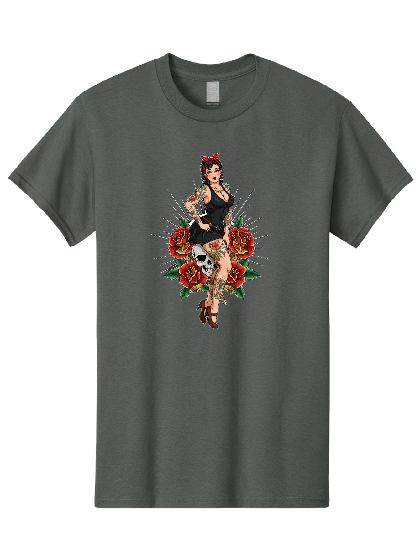 Pin-Up-Girl-With-Skull-And-Roses Men'S Graphic Tee, 100% Cotton, Comfortable Casual Summer Wear, Machine Washable, Pinup Girl, Tattoo Art, Red Roses, Skull, Daggers, Sexy Pose, Pin-Up Style, Vintage-Inspired, Bold Graphics, Feminine Charm, Bad418 1