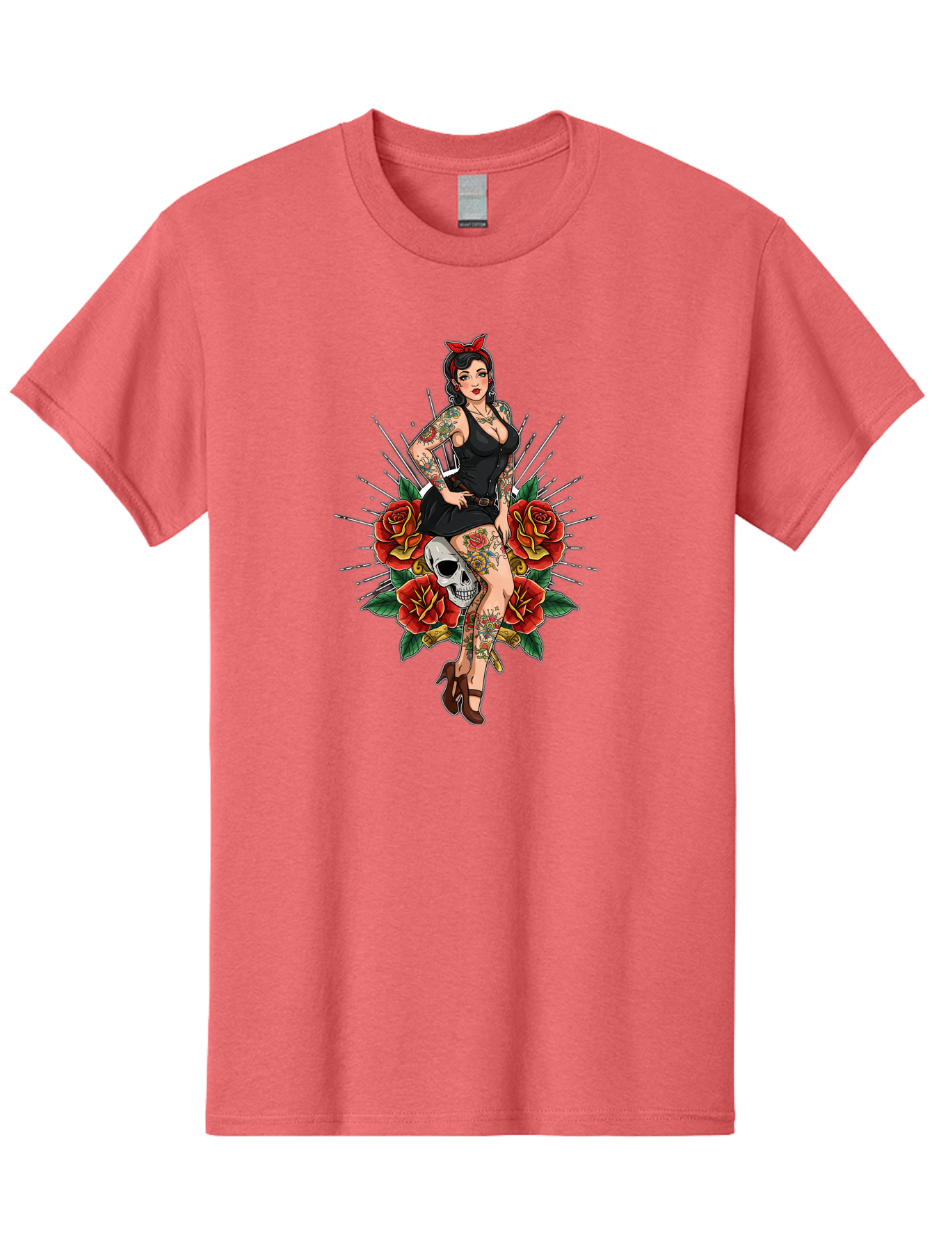 Pin-Up-Girl-With-Skull-And-Roses Men'S Graphic Tee, 100% Cotton, Comfortable Casual Summer Wear, Machine Washable, Pinup Girl, Tattoo Art, Red Roses, Skull, Daggers, Sexy Pose, Pin-Up Style, Vintage-Inspired, Bold Graphics, Feminine Charm, Bad418 13