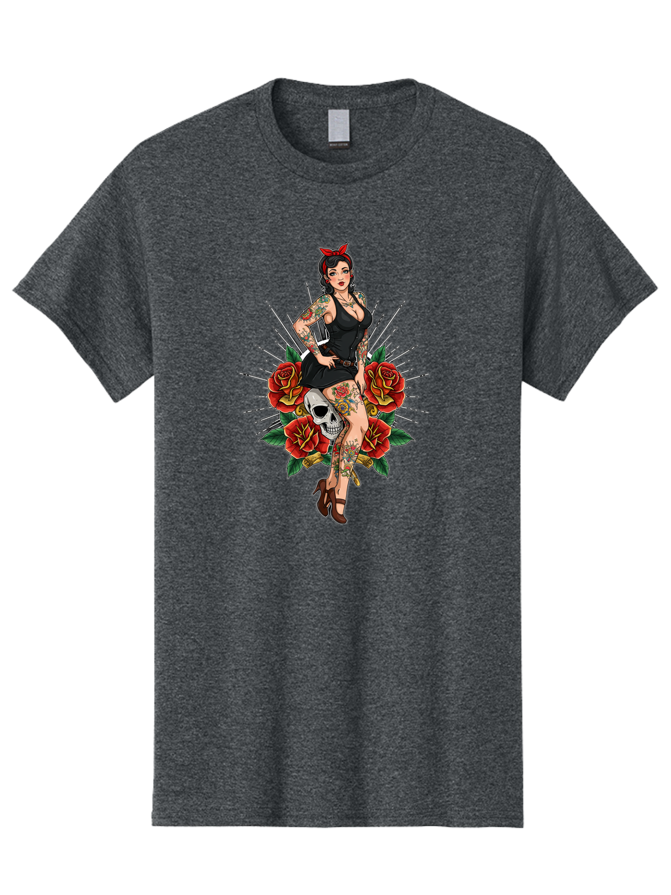 Pin-Up-Girl-With-Skull-And-Roses Men'S Graphic Tee, 100% Cotton, Comfortable Casual Summer Wear, Machine Washable, Pinup Girl, Tattoo Art, Red Roses, Skull, Daggers, Sexy Pose, Pin-Up Style, Vintage-Inspired, Bold Graphics, Feminine Charm, Bad418 4