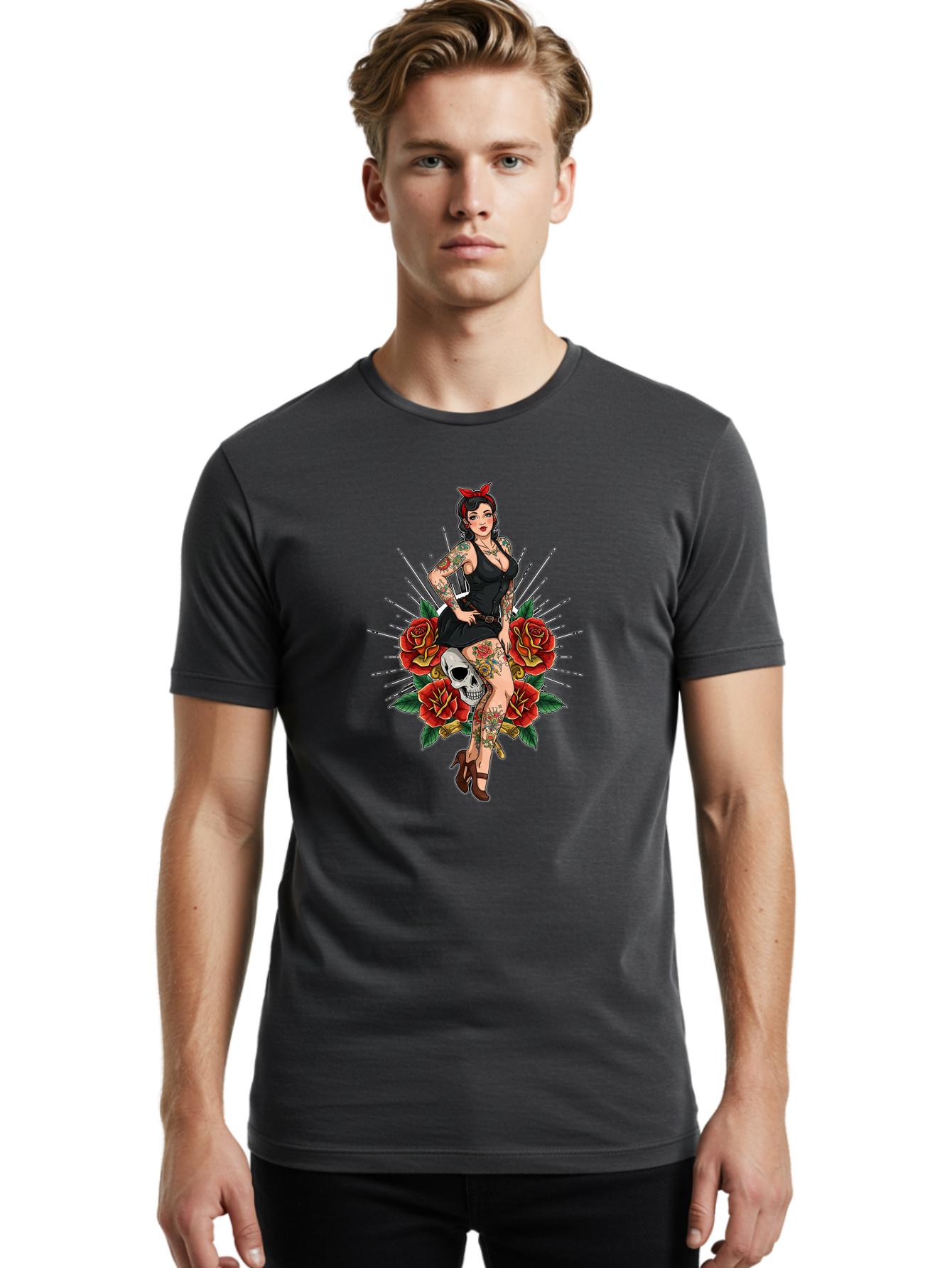 Pin-Up-Girl-With-Skull-And-Roses Men'S Graphic Tee, 100% Cotton, Comfortable Casual Summer Wear, Machine Washable, Pinup Girl, Tattoo Art, Red Roses, Skull, Daggers, Sexy Pose, Pin-Up Style, Vintage-Inspired, Bold Graphics, Feminine Charm, Bad418 19
