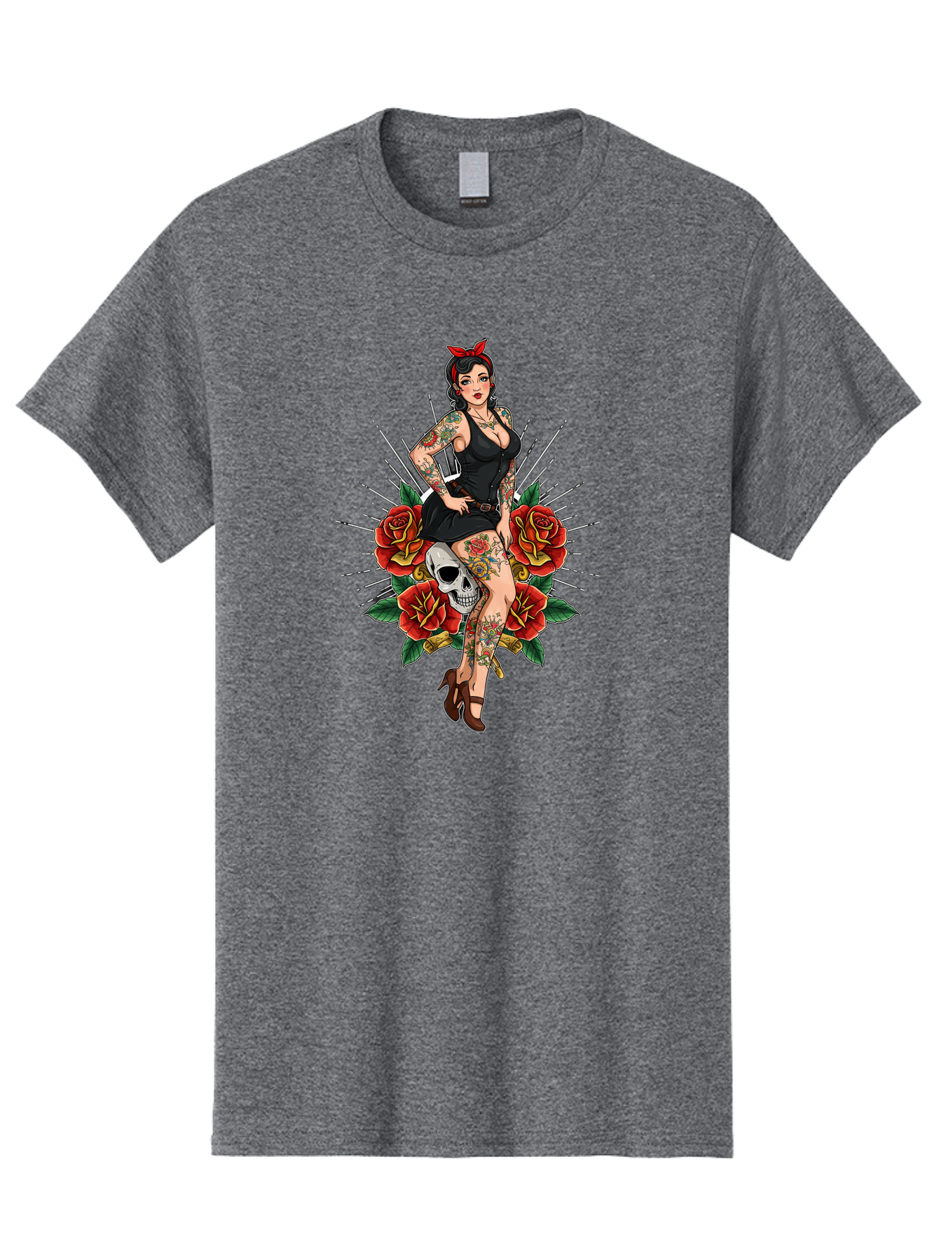 Pin-Up-Girl-With-Skull-And-Roses Men'S Graphic Tee, 100% Cotton, Comfortable Casual Summer Wear, Machine Washable, Pinup Girl, Tattoo Art, Red Roses, Skull, Daggers, Sexy Pose, Pin-Up Style, Vintage-Inspired, Bold Graphics, Feminine Charm, Bad418 3