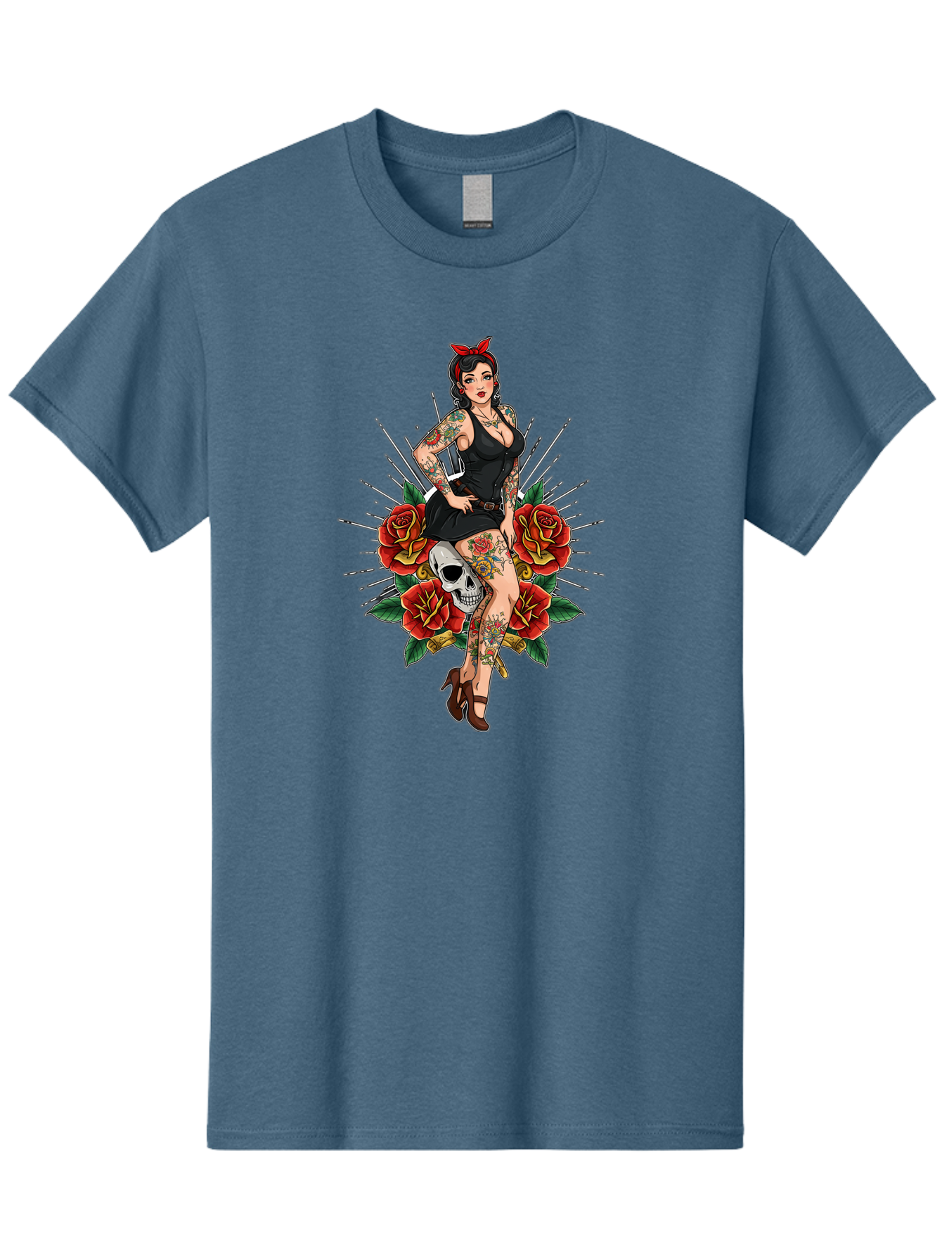 Pin-Up-Girl-With-Skull-And-Roses Men'S Graphic Tee, 100% Cotton, Comfortable Casual Summer Wear, Machine Washable, Pinup Girl, Tattoo Art, Red Roses, Skull, Daggers, Sexy Pose, Pin-Up Style, Vintage-Inspired, Bold Graphics, Feminine Charm, Bad418 2
